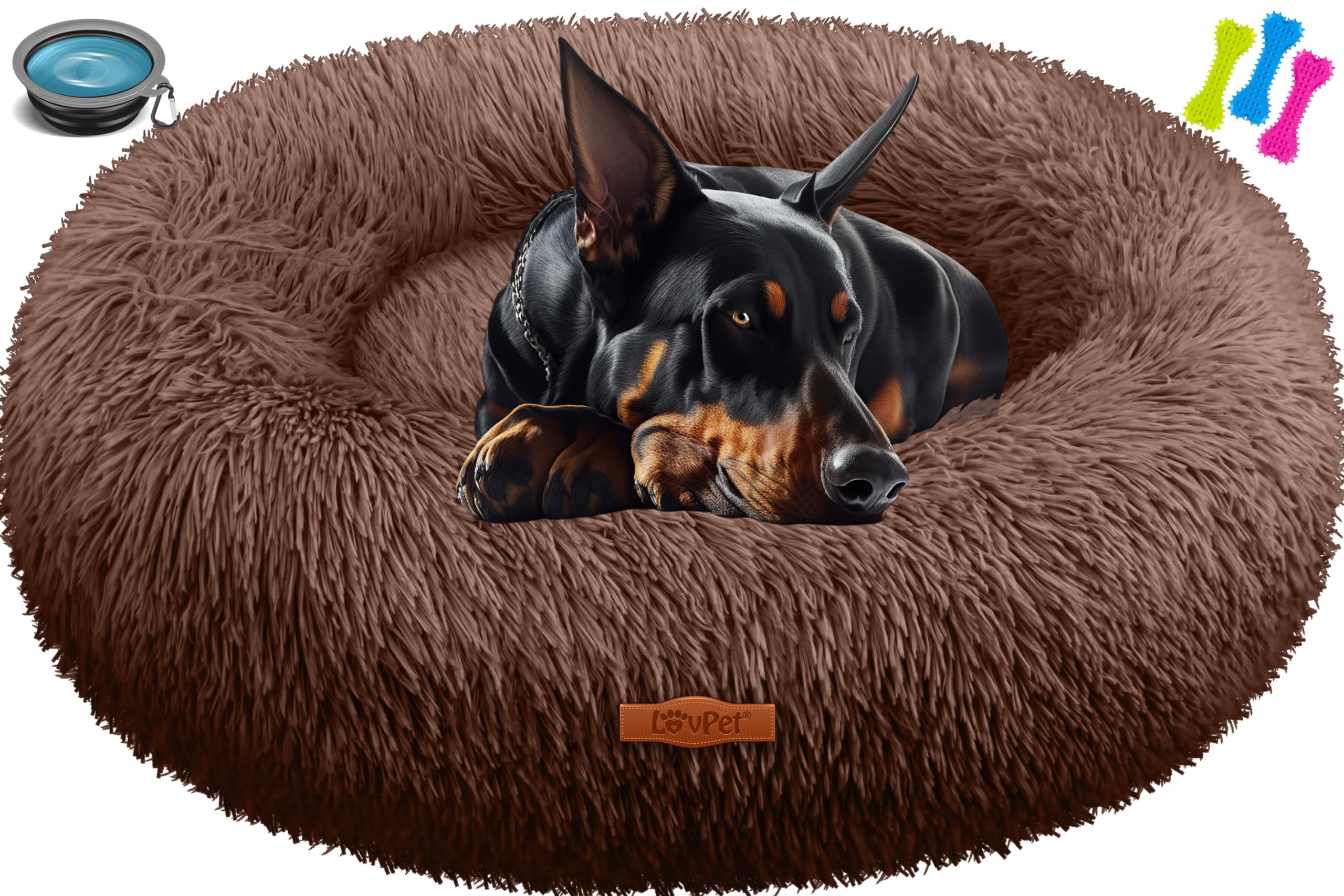 Lovpet® Cama para Perro, Cama para Gato, Bagel, Incl. Cuenco + 3X Huesos Masticables, Sofá Mullido para Perro, para Perros Pequeños, Medianos y Grandes, Gatos, Ø 120 cm (4XL) - Marrón