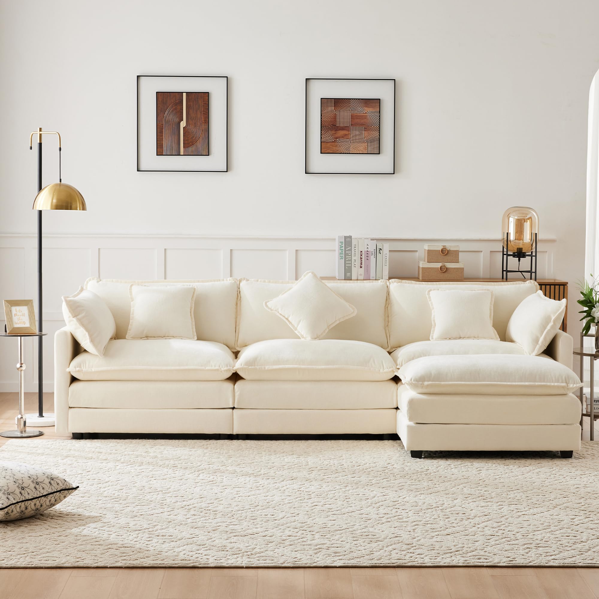 Zepneiy Divano a tre posti dal design moderno, tessuto ciniglia, divano ad angolo a L con poggiapiedi adatto per soggiorno e camera da letto, beige