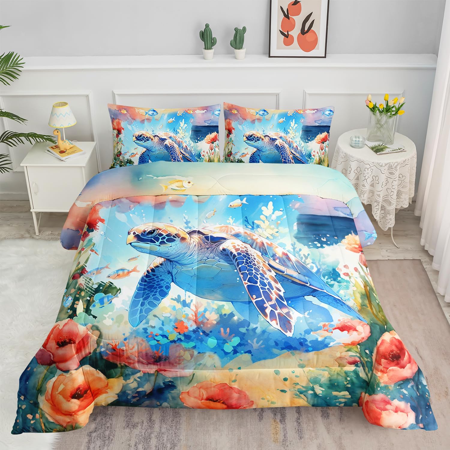Sea Turtle Comforter Set Ocean Cartoon Animal Printed Bedding Set with 1 Comforter and 2 Pillowcases for Boys and Girls Bedroom All Season(Turtle Full)