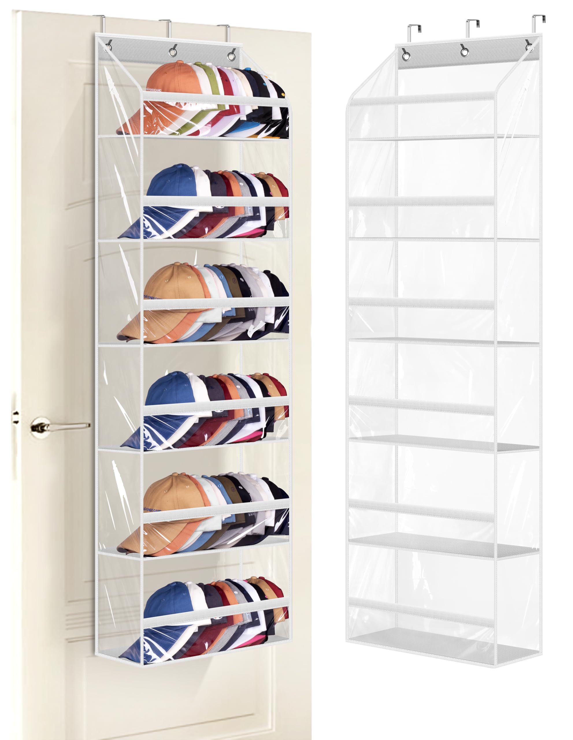 AOODA Clear Over the Door Hat Racks for Baseball Caps, Large Holds up to 72 Caps Hat Storage Organizer for Closet Wall, Deep Pockets Hanging Snapback