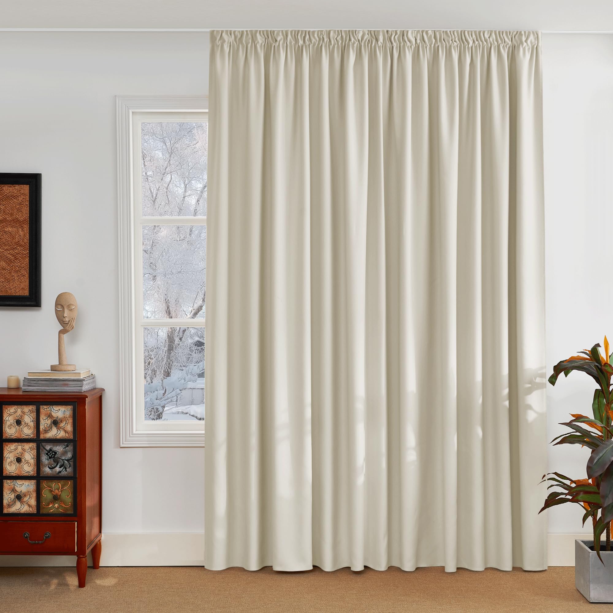 PONY DANCE Thermal Insulated Curtain - Blackout Curtain - Insulating Light Ruffle Tape - Wide Width Blackout Curtain for Home Living Room, L 300 cm x H 260 cm, Light Beige, 1 Piece