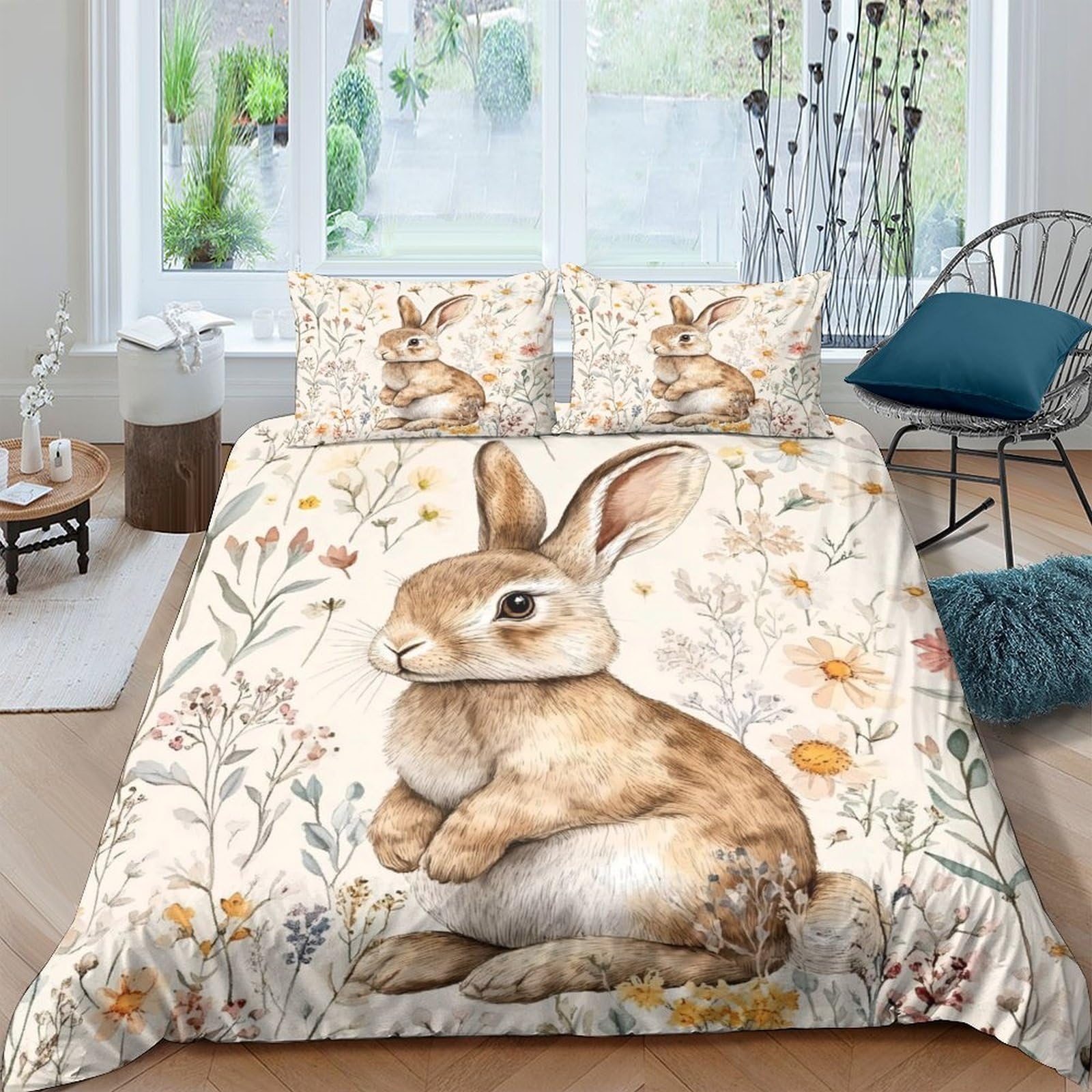 P5V6M1Q9 3D Printed Bunny Meadow Duvet Cover Microfiber Soft Breathable Rabbit Floral Bedding Set with 2 Pillowcases for Bedroom Decor Single（135x200cm）