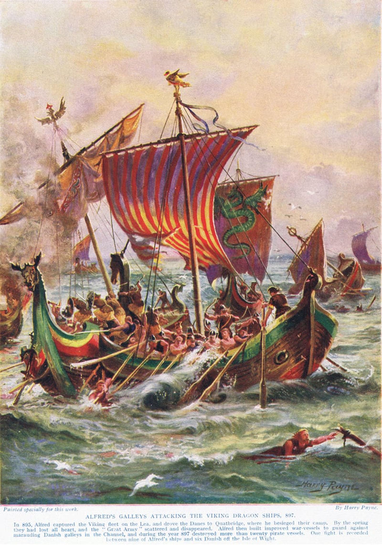 SERENDIPITP Vintage Picture Print on Canvas Wall Art Poster Alfred's Galleys Attacking the Viking Dragon Ships by Henry A. Payne Artwork Print Poster for Wall Decor 60x90cm