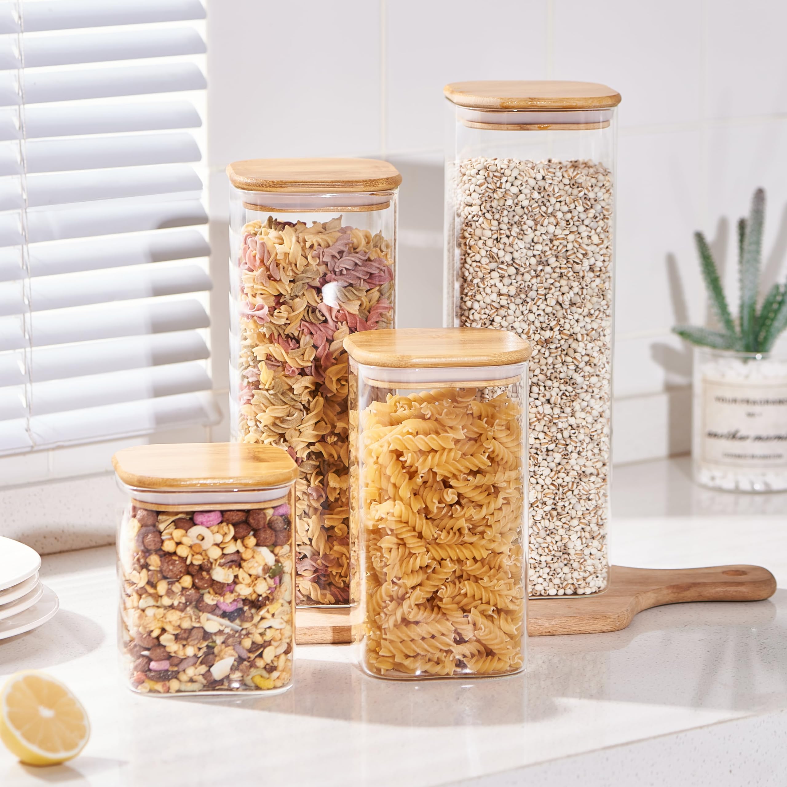Ornami Airtight Glass Pantry Storage Canister With Bamboo Lid | Bpa-Free, Clear Kitchen Storage Jar | Square Shaped (4, 1L+1.5L+2L+2.5L)