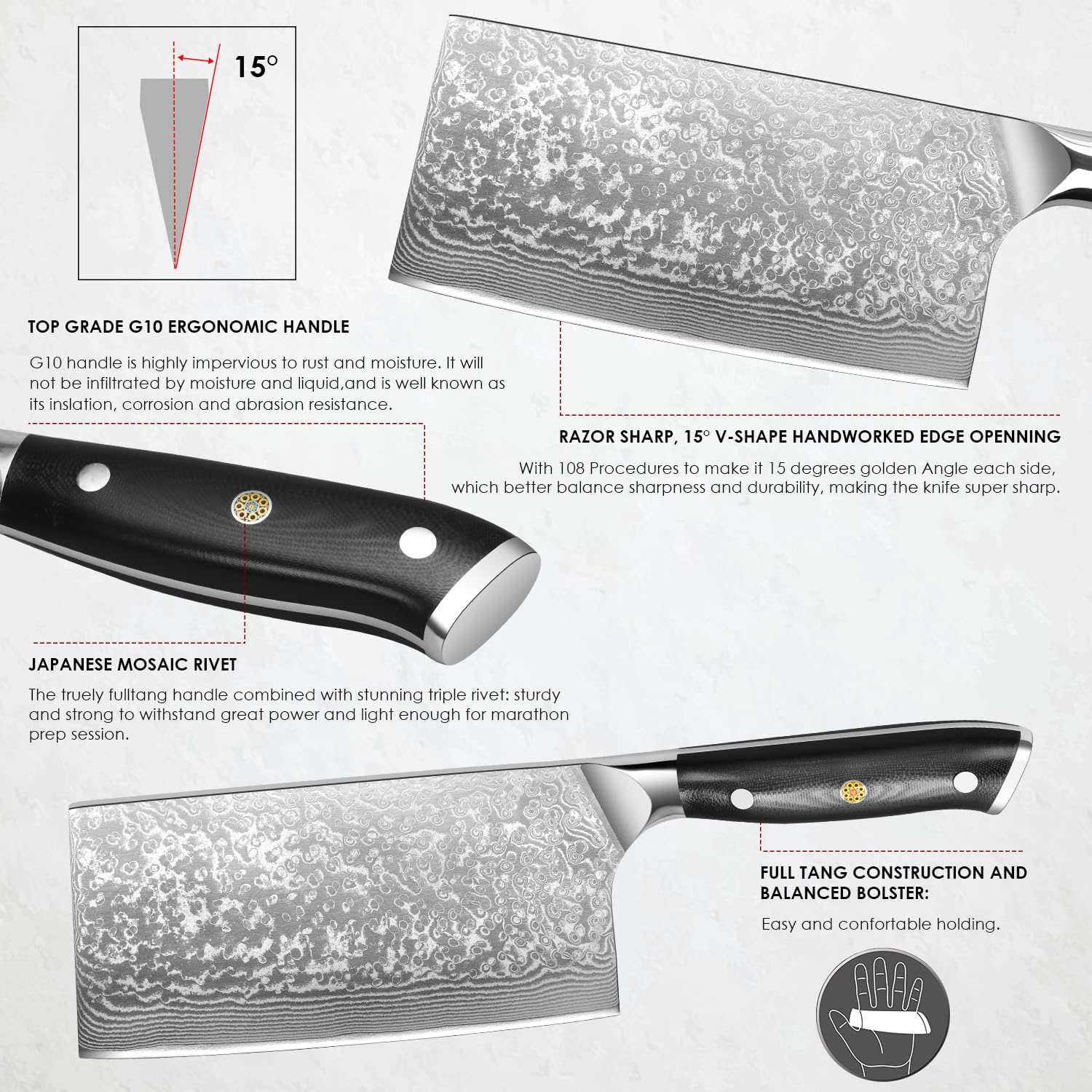 Home Safety Coltello Damasco Coltello da Carne - Mannaia Cinese Damasco 17,5 cm Lama in 67 Strati di Acciaio Damasco con Manico in G10 - Affilato e Bilanciato