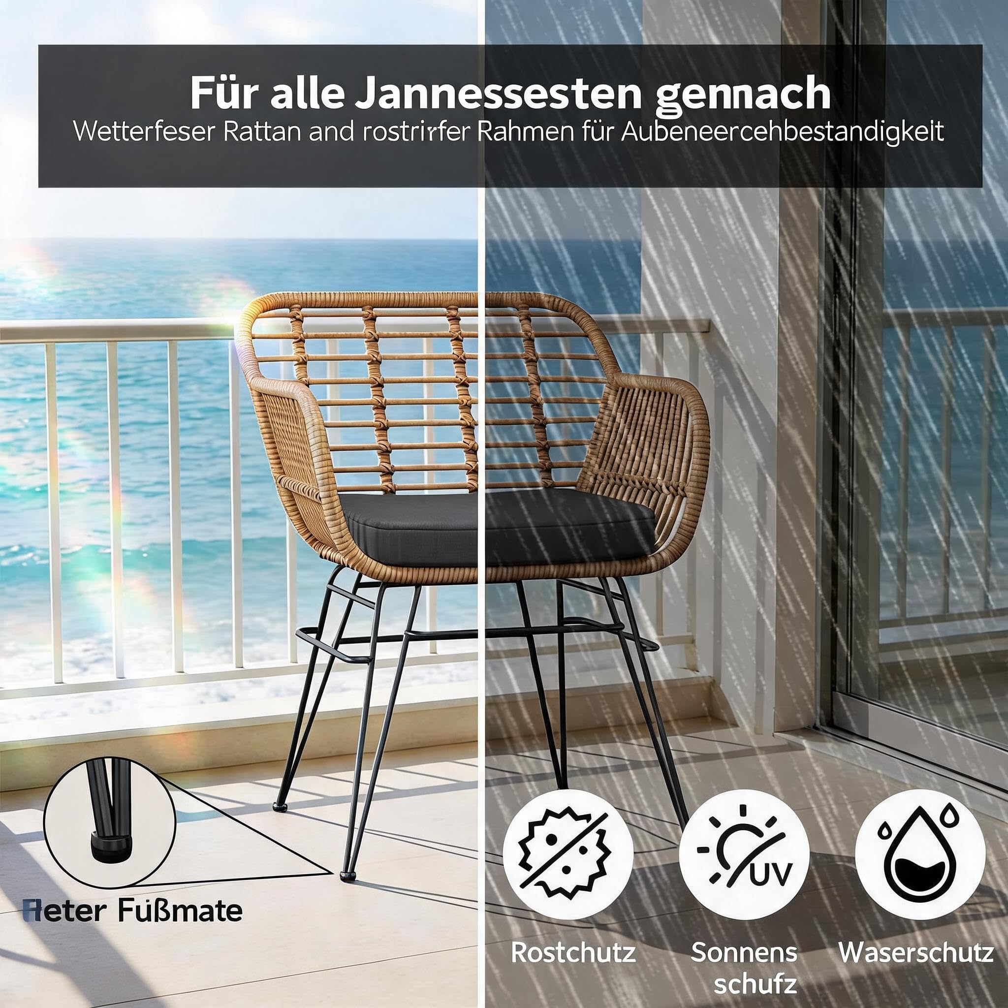 Gartenmöbel Set 3-TLG, Balkonmöbel Set aus Poly-Rattan, Wetterfest Bistroset mit 2 Stühlen und Bistrotisch, Outdoor Rattan Sitzgruppe mit Kissen für Garten, Balkon, Terrasse, Natur