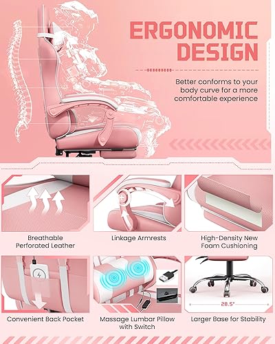 Miniatura 3 de Yaheetech - Silla para juegos, silla para videojuegos con soporte lumbar de masaje y reposapiés, silla ergonómica para computadora con altura