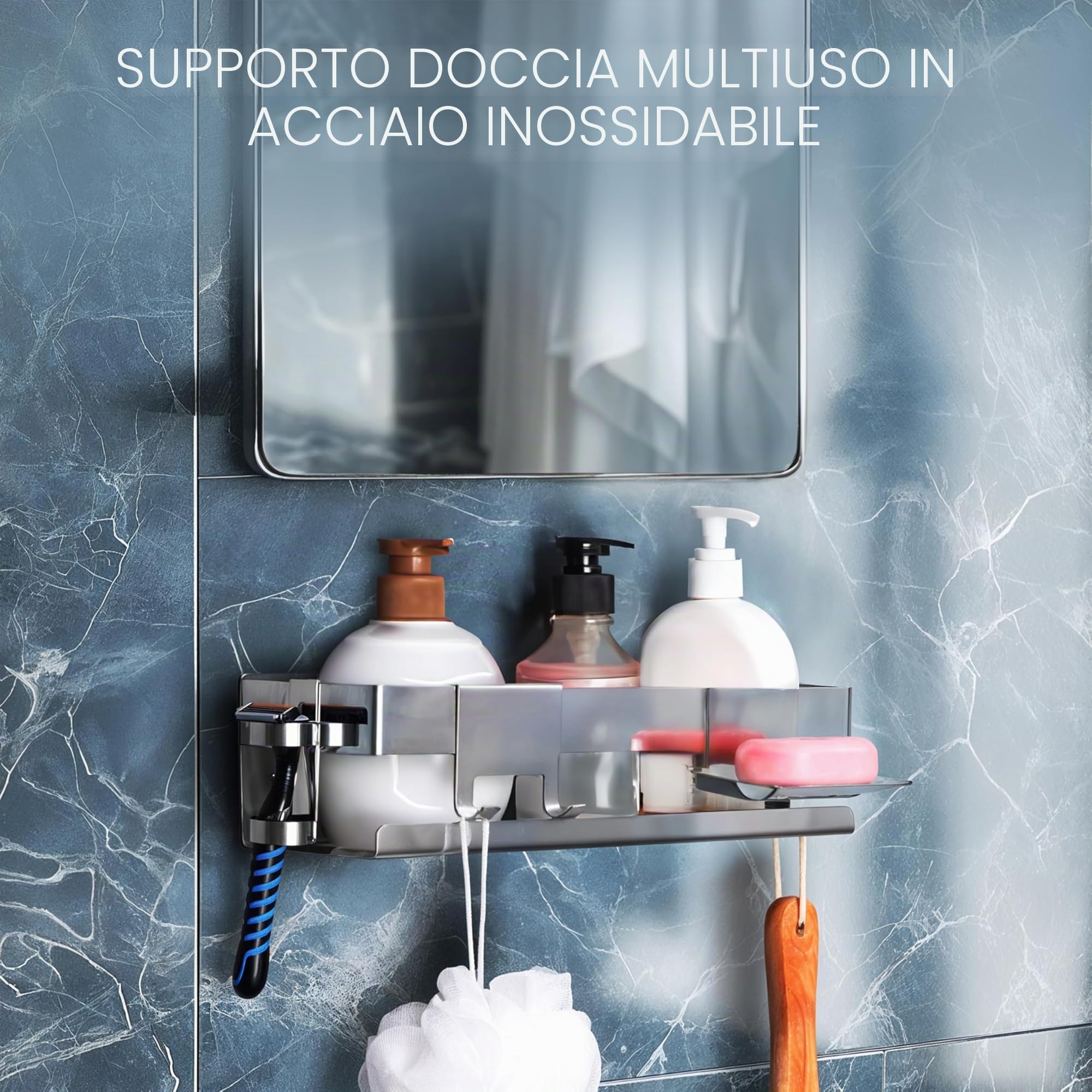 BELLE VOUS Mensola Doccia - Mensola Porta Bagnoschiuma da Bagno - Installazione Senza Foratura - Adesiva in Acciaio Inox - Organizer per Oggetti e Accessori - Soluzione 5-in1