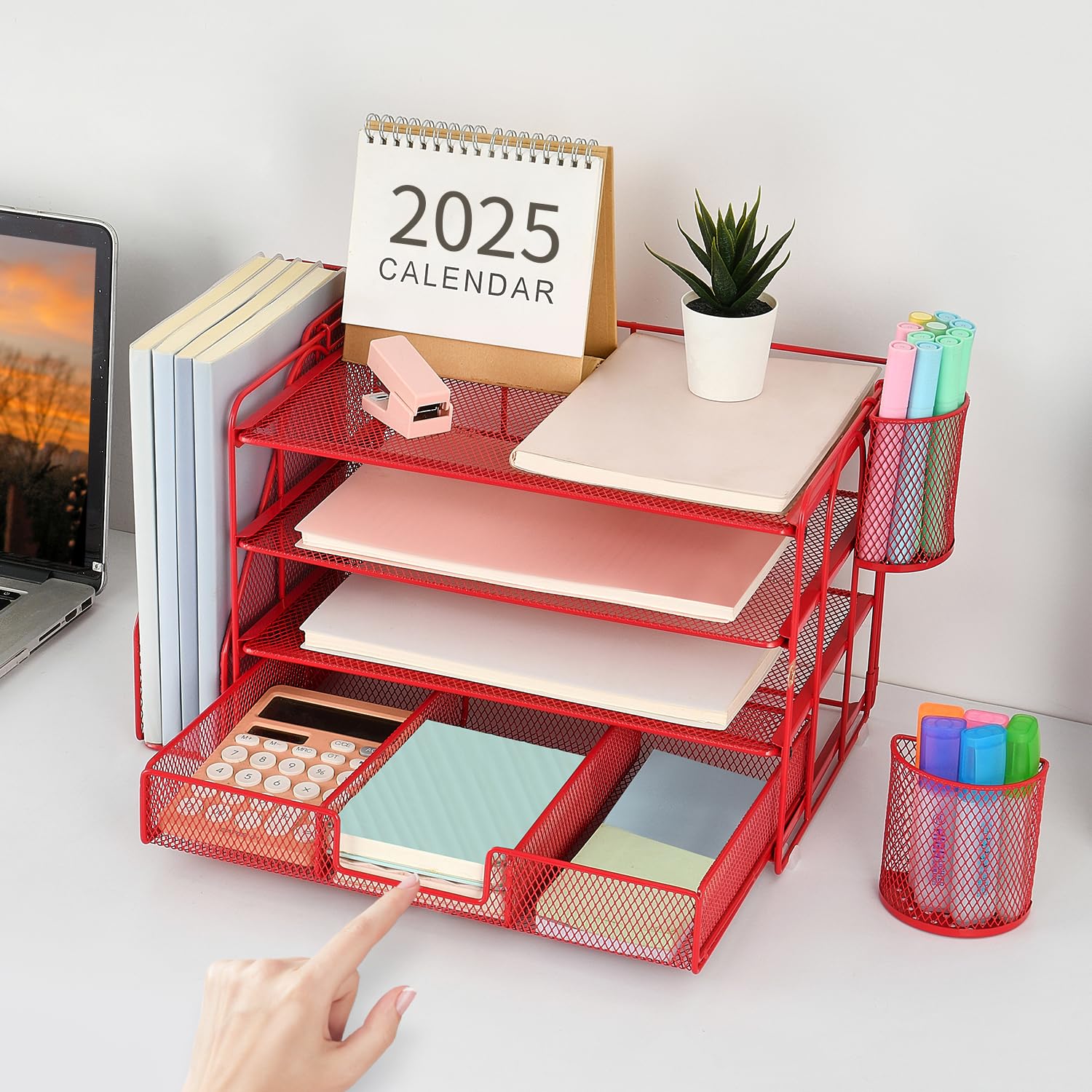 gianotter Desk Organizers and Accessories with File Holder, 4-Tier Desk Accessories & Workspace Organizers with Drawer and 2 Pen Holder, Paper Organizer for Office Supplies(): Red