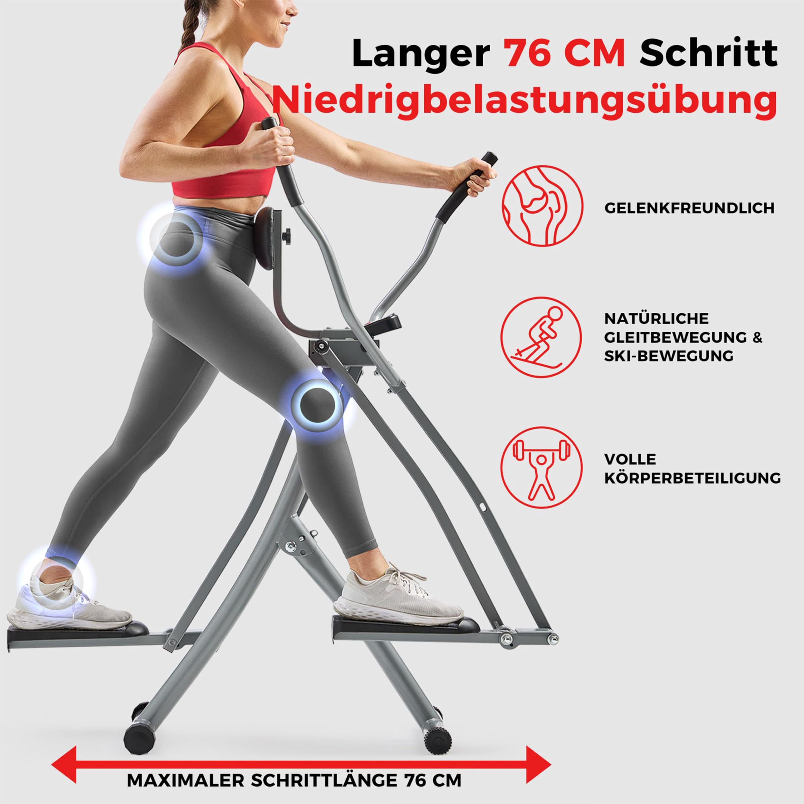 Sunny Health & Fitness Air Walk Crosstrainer für Zuhause, Gelenkschonender Klappbarer Elliptical mit 76 cm Schrittlänge für das Heimtraining, Ultraleiser und Glatter, 100 KG Max User Gewicht