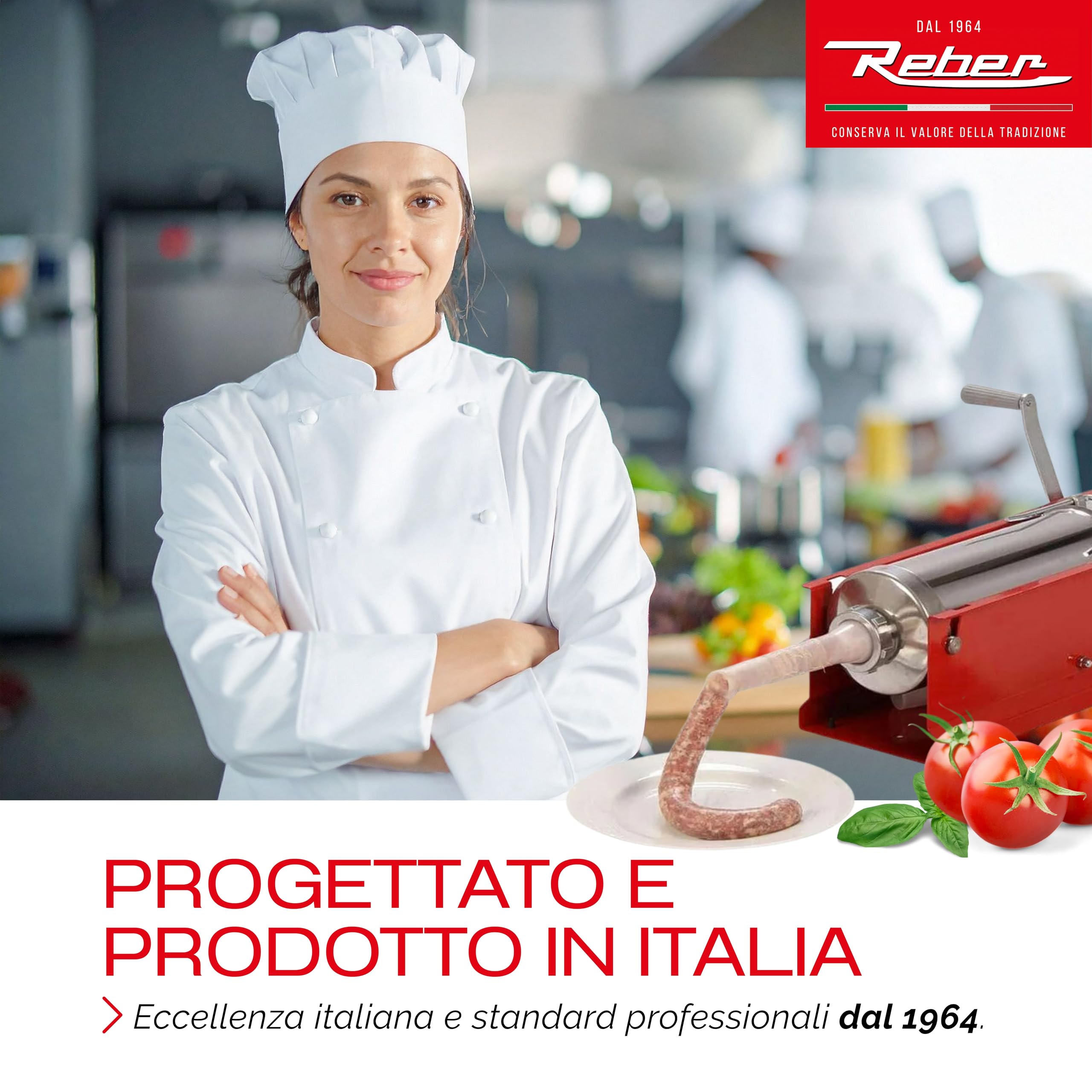 Reber Insaccatrice Manuale per Salsicce 6,8L/8KGS Orizzontale a 2 Velocità | Uso Domestico e Professionale - Struttura Robusta Acciaio INOX - Spelucchino cm. 7,5 e 4 Imbuti Inclusi