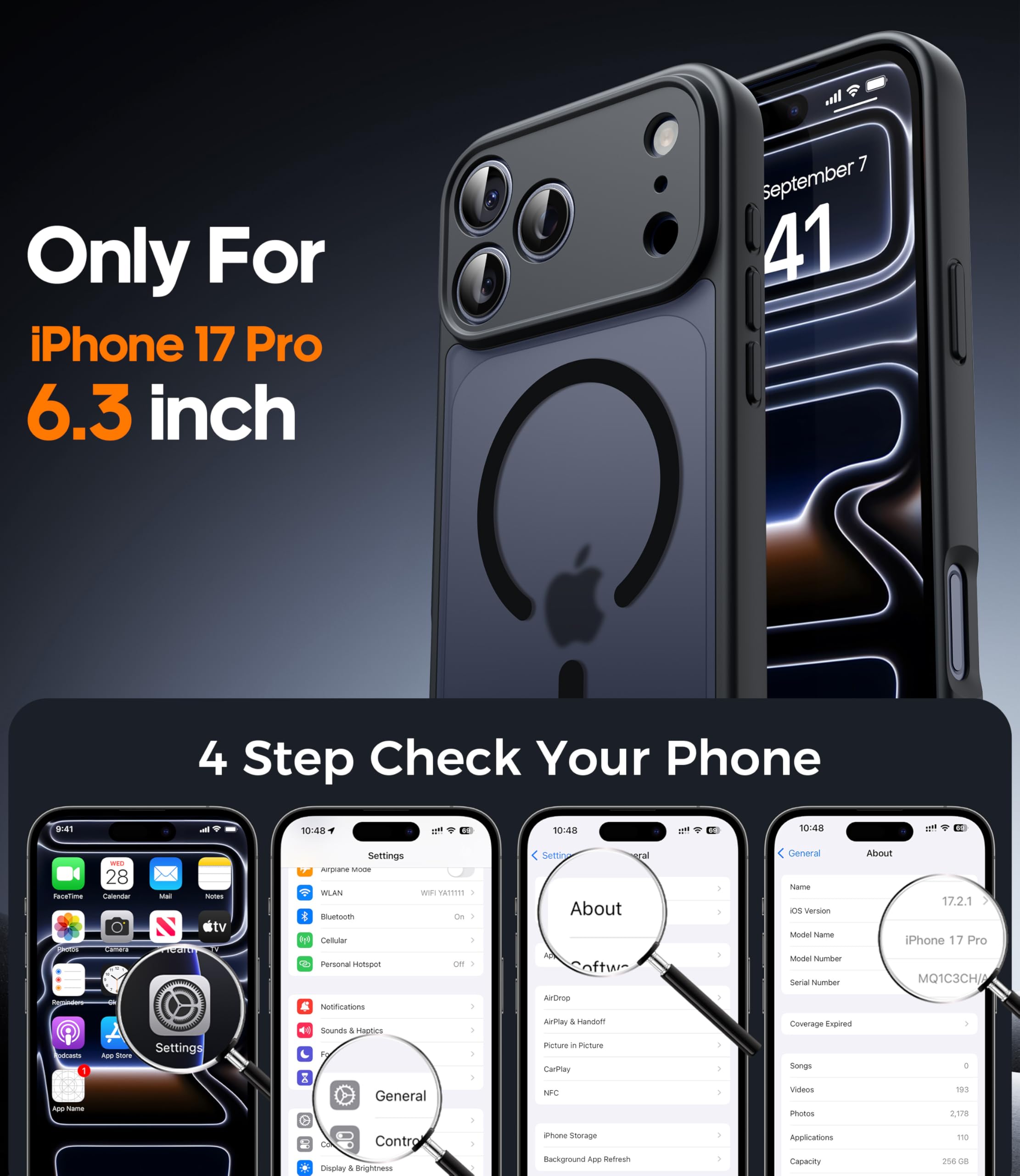 FLLAO Magnetica Cover per iPhone 17 Pro e 2 Pellicole in Vetro Temperato, Custodia iPhone 17 Pro Compatibile con Magsafe, Traslucida Opaca Posteriore Sottile Antiurto Protettiva Case, Nero