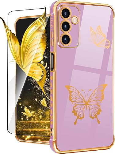 Coralogo Funda de teléfono para Samsung Galaxy A14 5G con diseño de mariposas para mujeres y niñas, diseño de mariposas chapadas en morado y dorado
