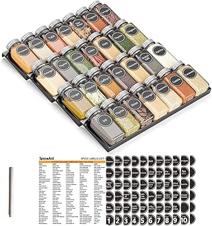 Spice Drawer Organizer with 28 Spice Jars, 386 Spice Labels, 4 Tier Seasoning Rack Tray Insert for Kitchen Drawers, 13" Wide x 17.5" Deep