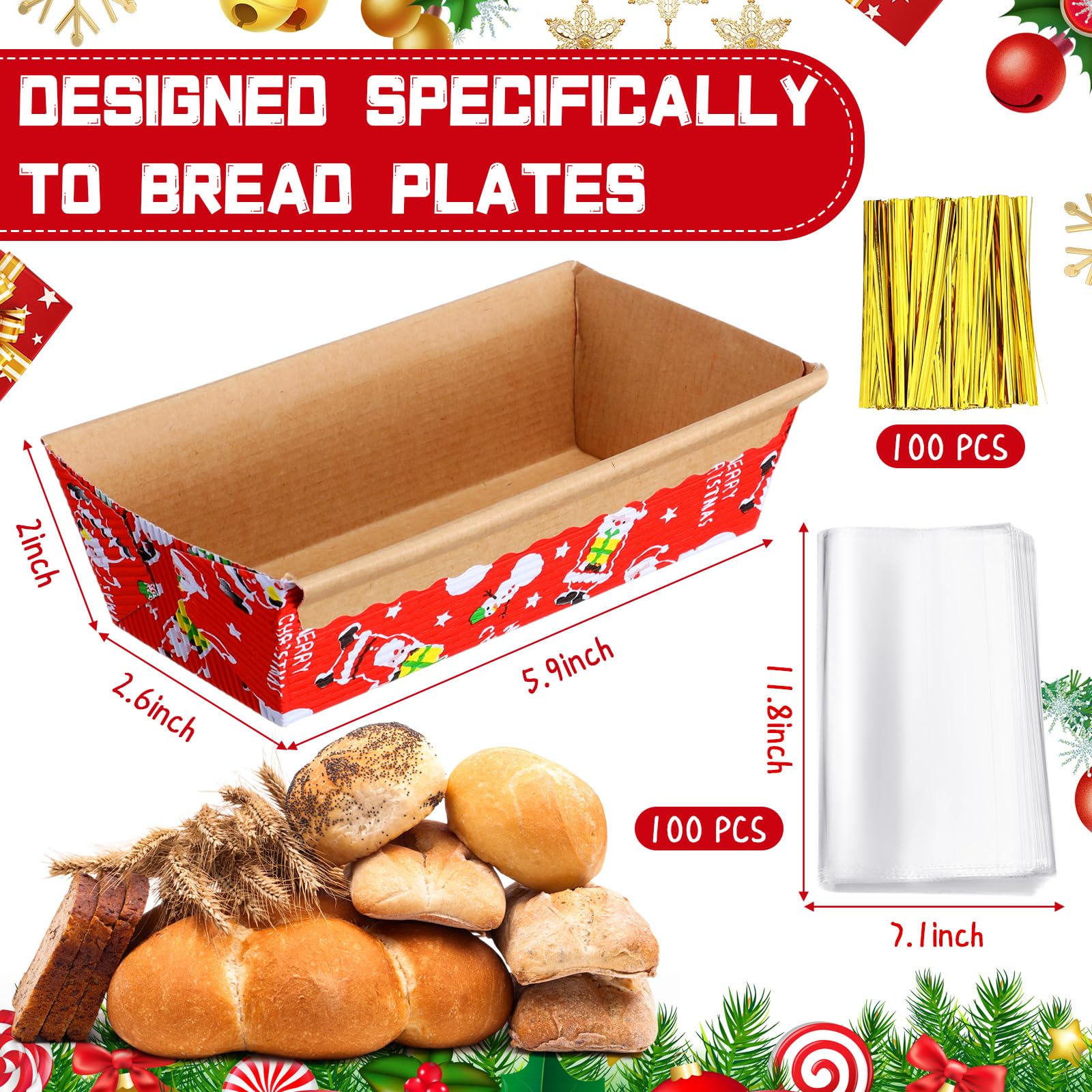 SiliFine 100 Sets Christmas Loaf Pans Disposable Paper Baking Pans Rectangle Bread with 100 Pcs Clear Bread Bags with Ties Loaf Molds for Cake Oven Baker(5.9 x 2.6 x 2 Inches) 1