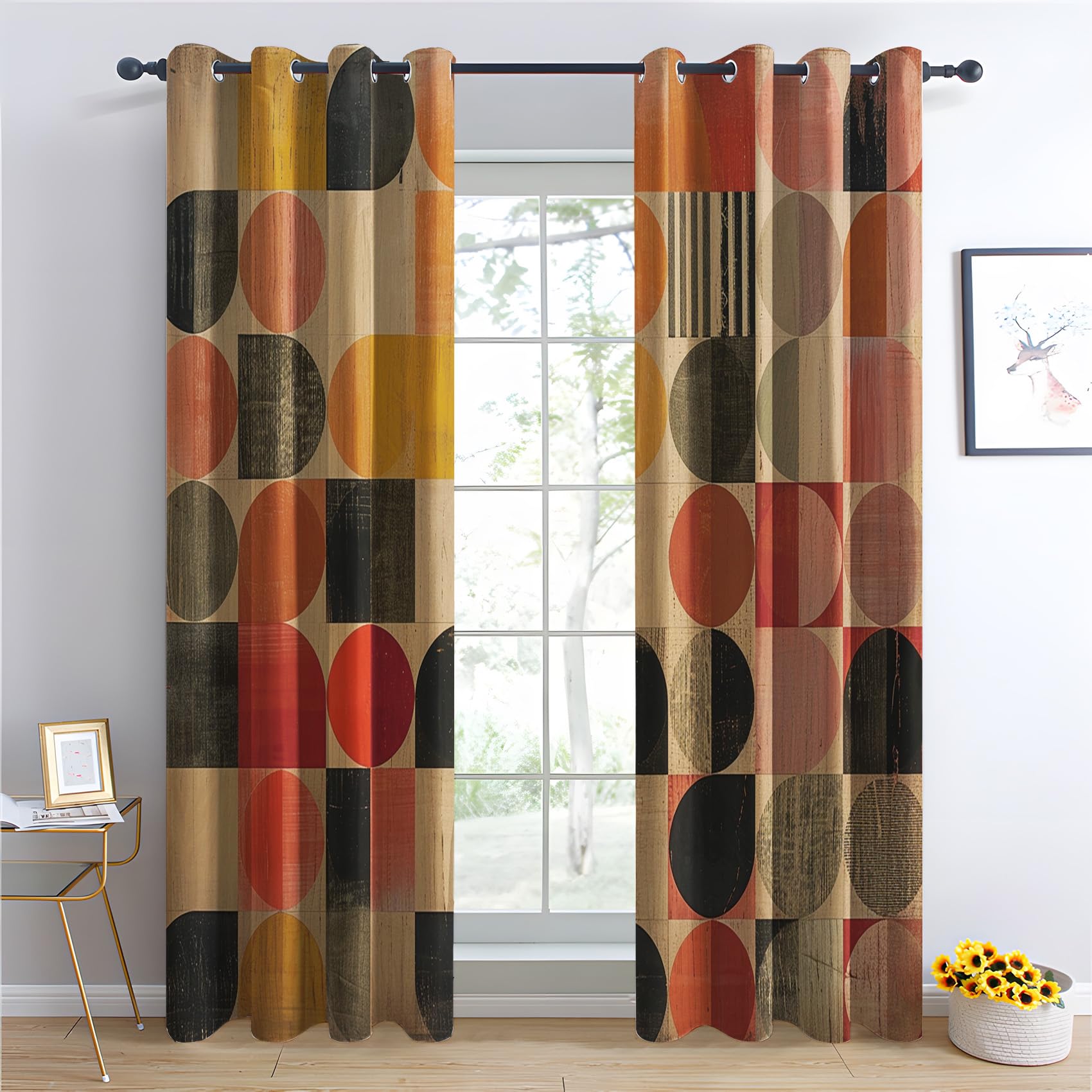 Rideau Occultant Milieu du Siècle, Cercle Boho Motif Rideaux Thermiques à Oeillets, Rideaux Imprimé pour Salon Chambre Fenetre Moderne Décoration, 110x215 cm (L x H), Lot de 2