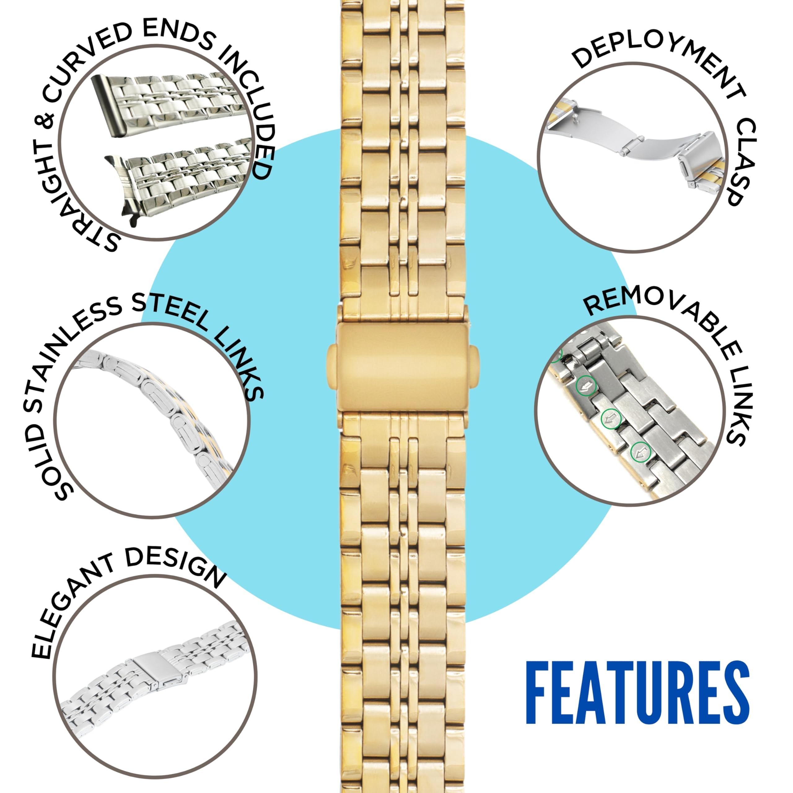 Bandini 20mm Stainless Steel Fitted Curved End Metal Watch Band for Men, Tapered Watch Strap Bracelet, Push Button Deployment Clasp, Jubilee Style - Gold 20 mm Watch Band