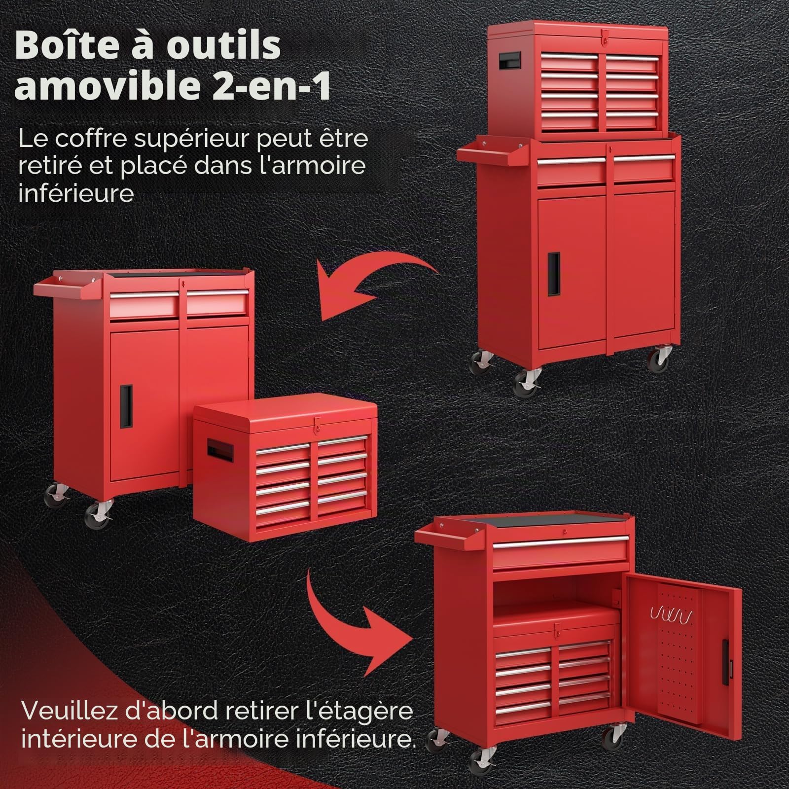 FANTASK Servante à Outils 2 en 1 sur Roues verrouillable avec Crochets, 8 Compartiments, Valise et étagère réglable, sans Outils, Chariot d'atelier Professionnel en métal, capacité de Charge 100 kg
