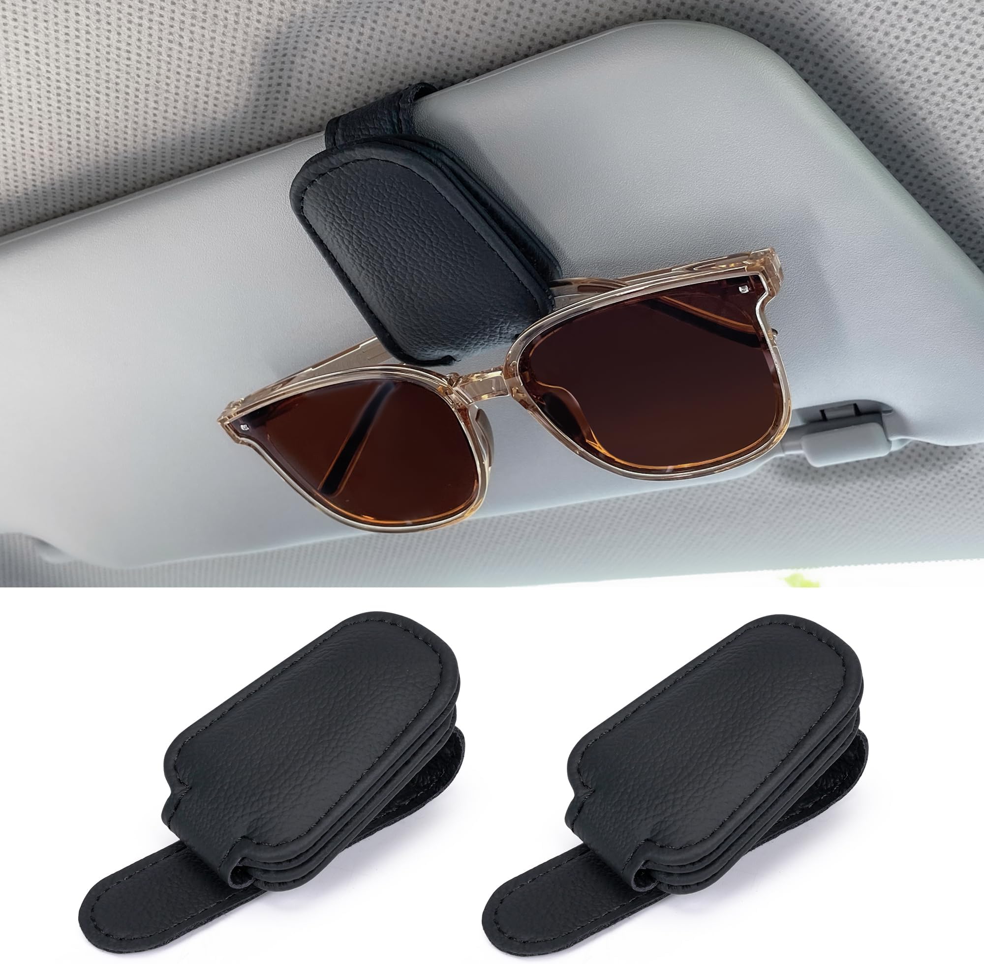 Sunglasses Holder for Car Sun Visor, 2 PCS Leather Eyeglass Hanger, Sun