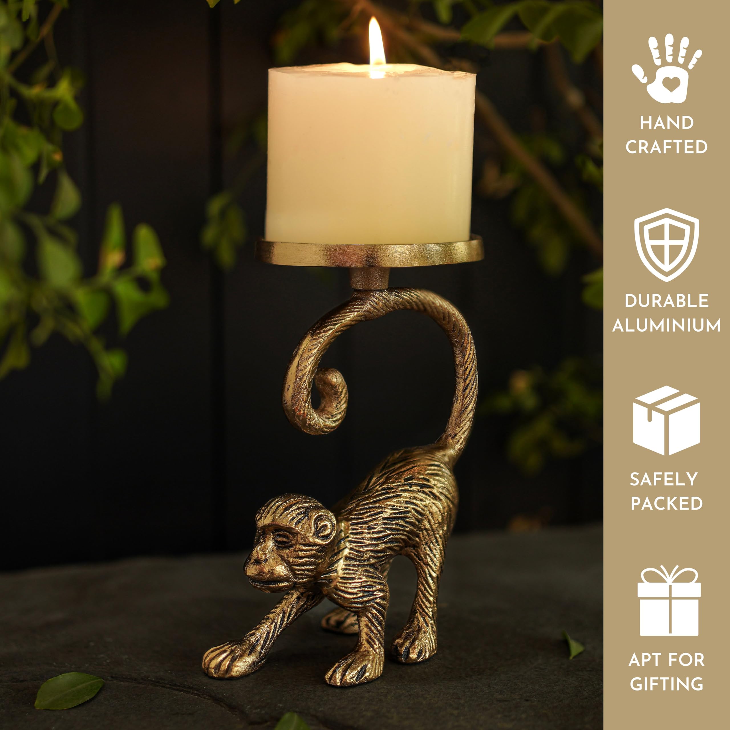 BEHOMA Aluminium Monkey Pillar Candle Holder Stand, Gold 3