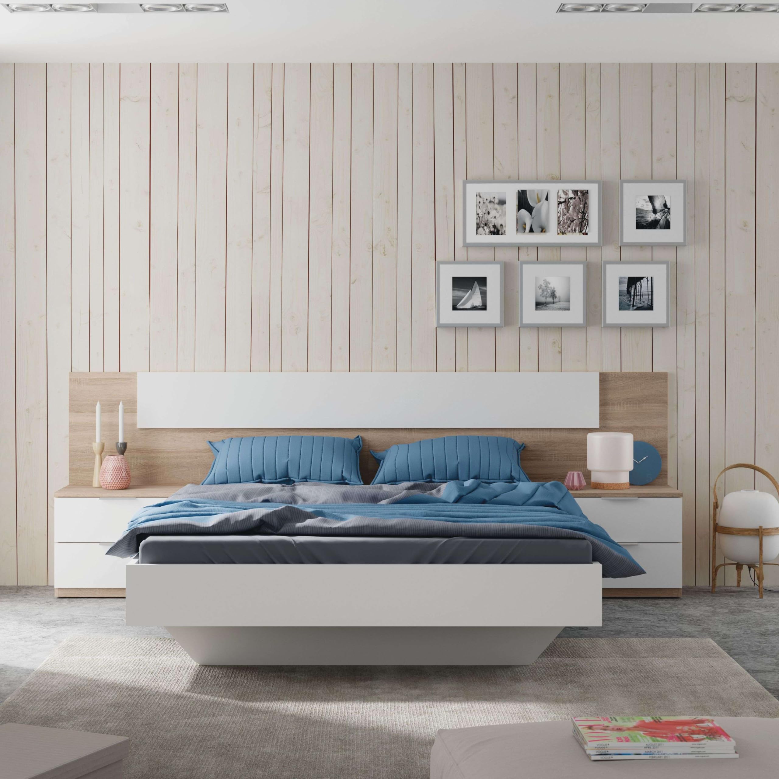 Habitdesign Cabezal + Dos Mesitas de Noche, Cabecero y Mesitas, Modelo Alaya, Acabado en Blanco Artik y Roble Canadian, Medidas: 247 cm (Ancho) x 50 cm (Alto) x 38 cm (Fondo)
