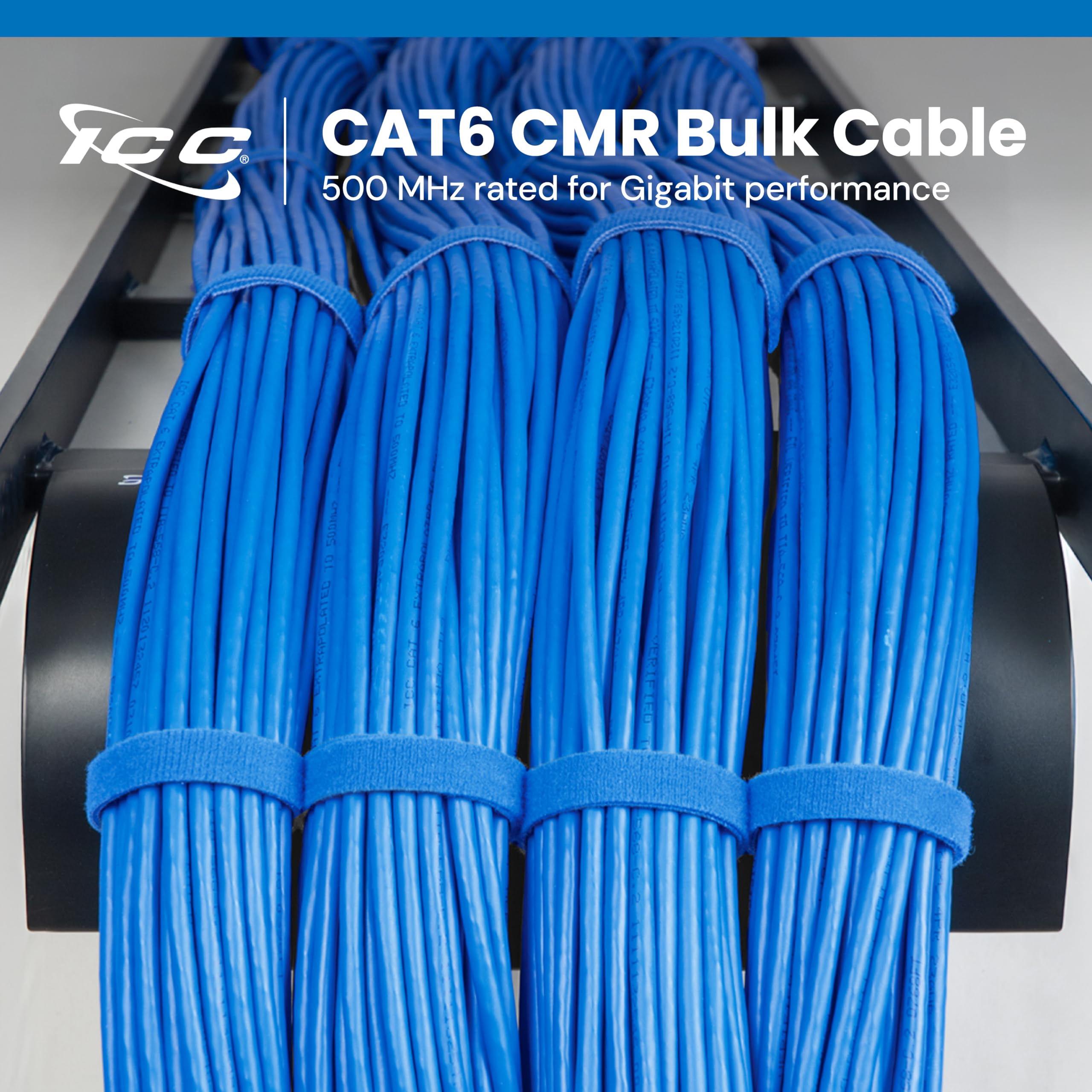 ICC Cat6 CMR Riser 1000ft - UTP 23AWG, 100% Solid Pure Copper, Unshielded, Bulk Ethernet Cable, PoE++, 500MHz, Reelex Pull Box, UL Certified, RoHS and TAA Compliant, Blue