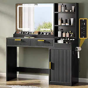 DWVO Fluted Makeup Vanity Desk with Large 27" Mirror and Lights, Modern Big Makeup Table with Power Outlet, 11 Shelves & 2 Drawers, 3 Color Lighting Modes, Dressing Table Vanity Set for Bedroom, Black