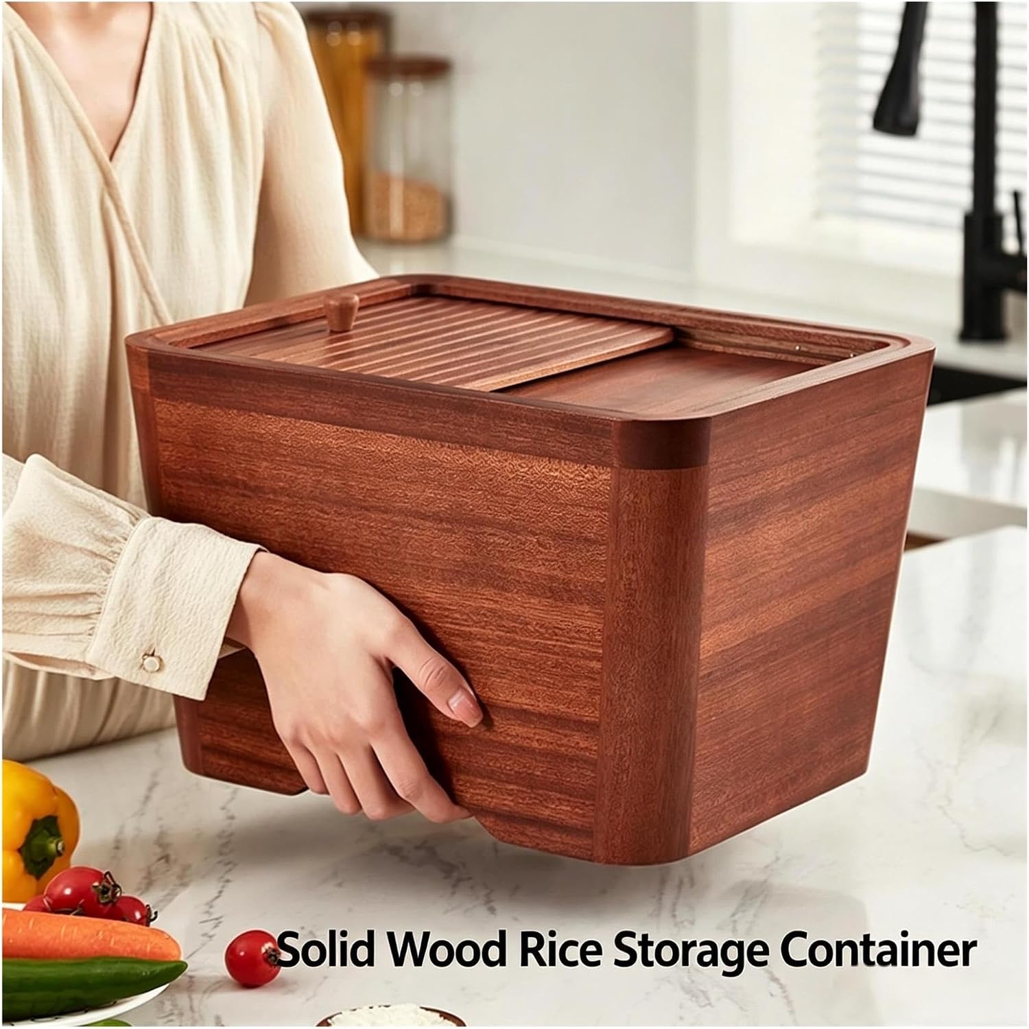 Push‑Pull Lid Wooden Rice Storage Bin, Airtight Grain Container with Wood Scoop for Kitchen Cereal Flour Sugar