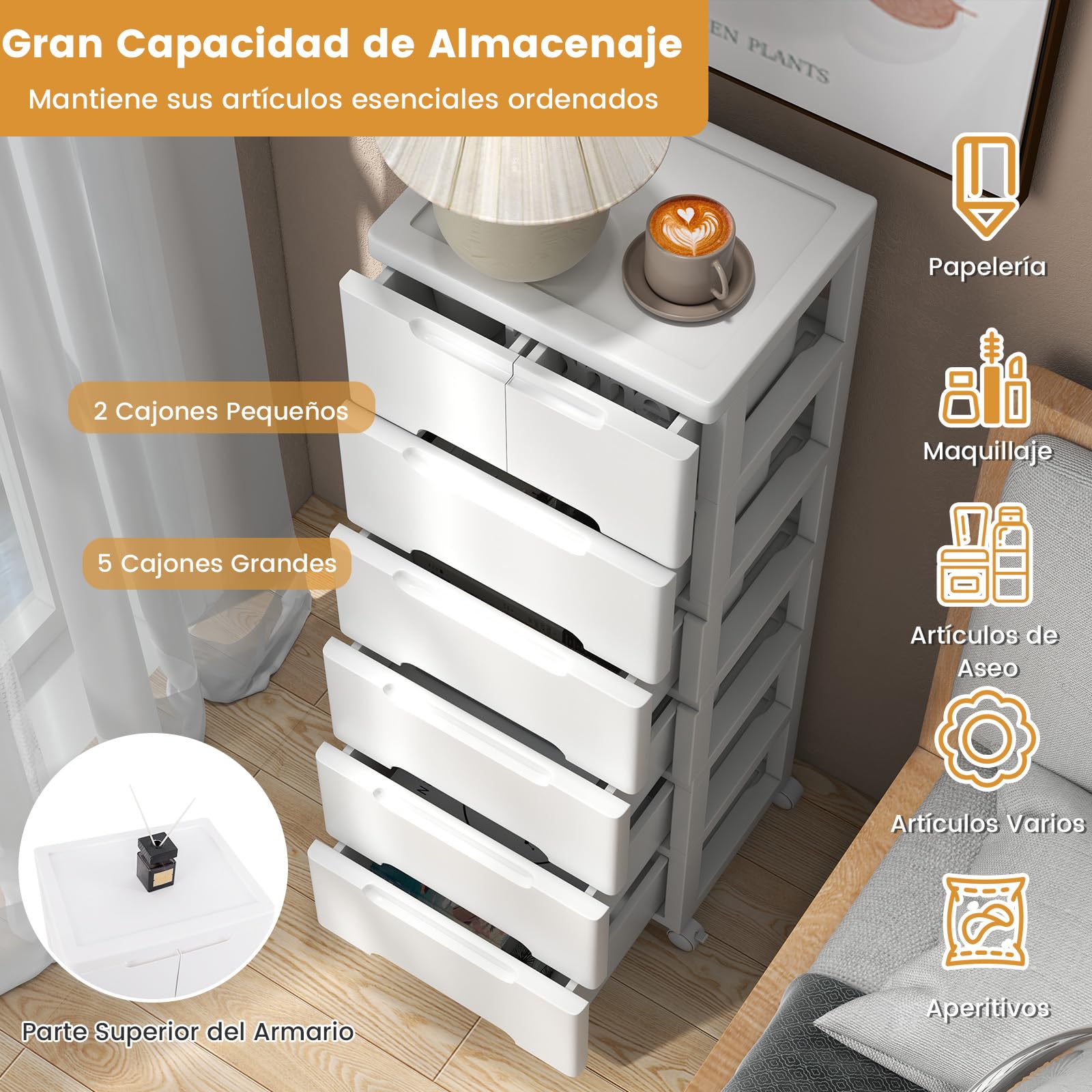 GOPLUS Carro de Almacenamiento de Plástico con Cajones, Mueble Organizador Móvil con 4 Ruedas Universales, Contenedor de Almacenamiento Vertical para Dormitorio, Oficina (Blanco, 6 Cajones)