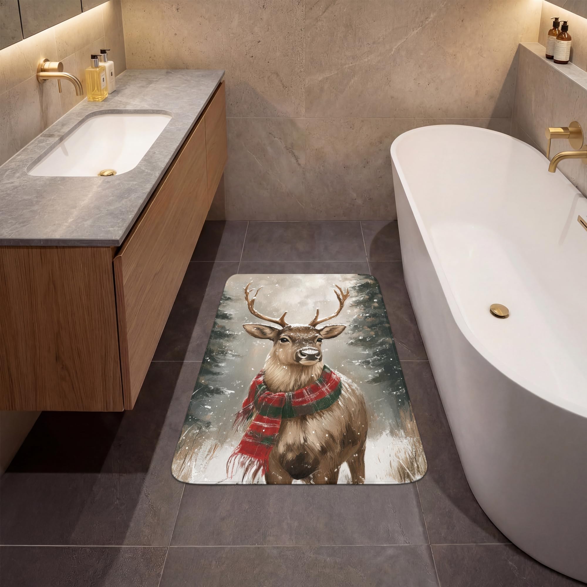 Alfombra De Baño Rectangular 60x90 cm Bathroom Bath Mat Lavable Tapete Antideslizante Alfombras Ducha Decoracion Alfombrilla Invierno - Bosque - Reno - Oscuridad