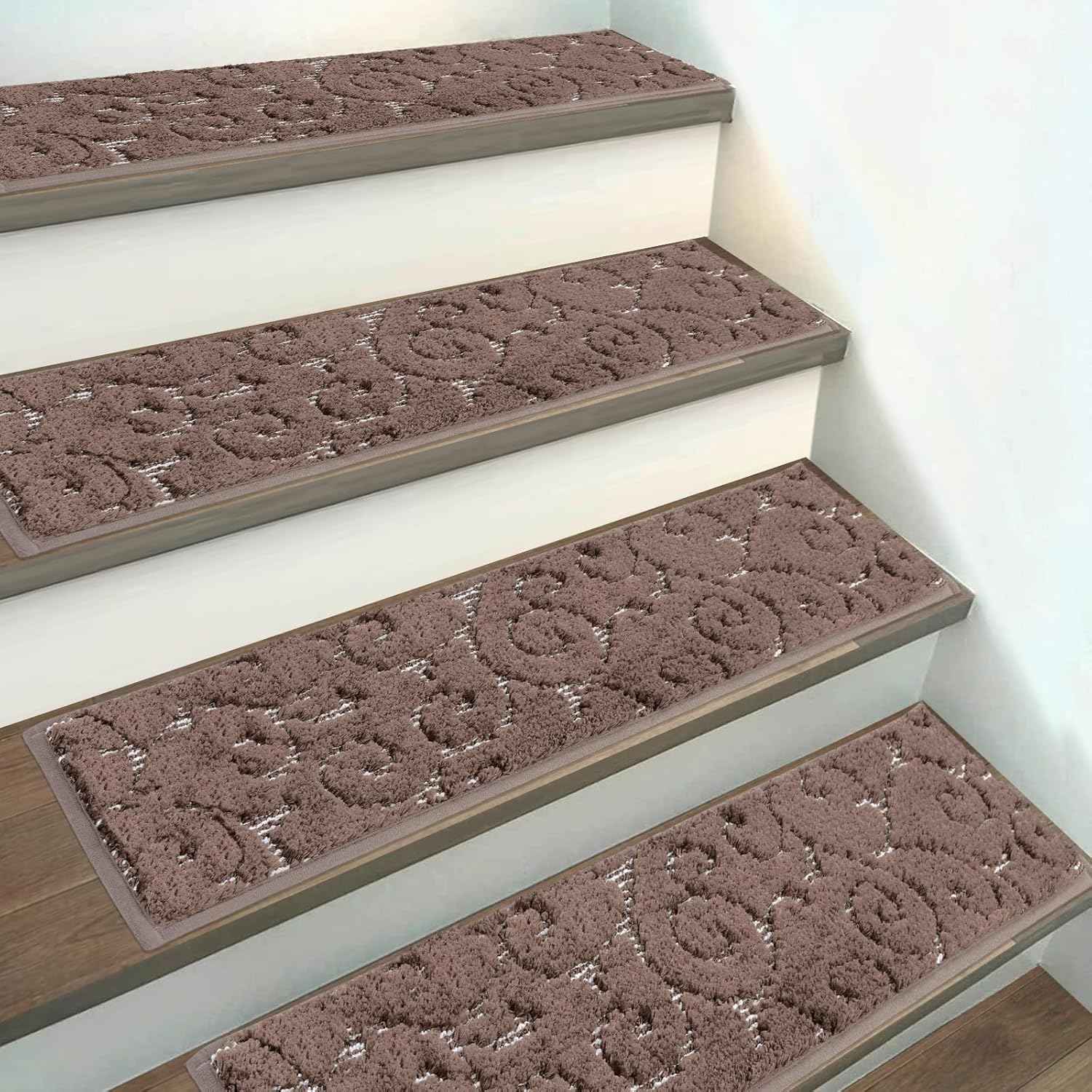 HEBE Carpet Stair Treads Non Slip 15 PCS 8" X 30" Edging Stair Runner for Wooden Steps Indoor Self Adhesive Stair Rugs Runners Reusable Staircase Step Treads Mat for Kids,Elders,Pets 15PCS Brown/Vines 1