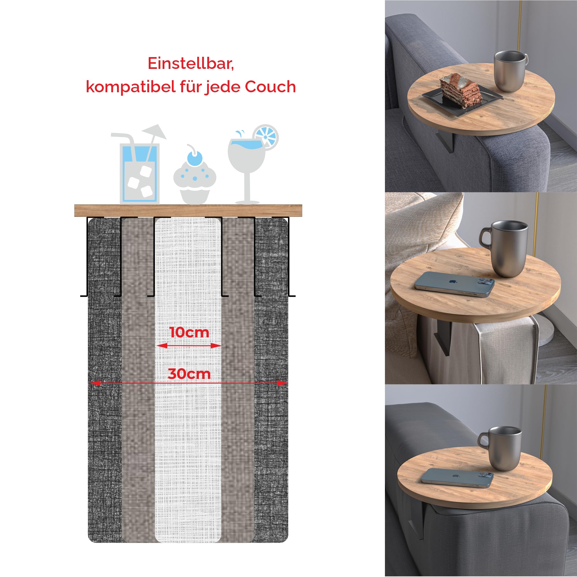 Plateau de canapé avec accoudoir, plateau de canapé réglable, porte-gobelet, design spécial, support en métal pratique, plateau de siège, diamètre 35 cm (aspect bois)