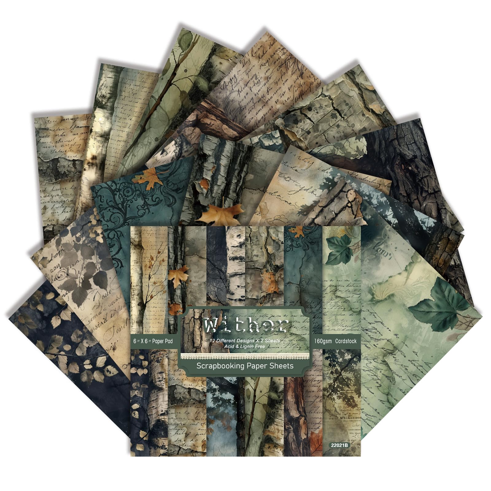 Watercolour Forest Scrapbook Paper Pad - 6×6 Inch 24 Sheets Green Woodland Patterned Craft Paper for Decoupage, Photo Albums, Card Making & Mixed Media Projects (Wither, 15×15cm)