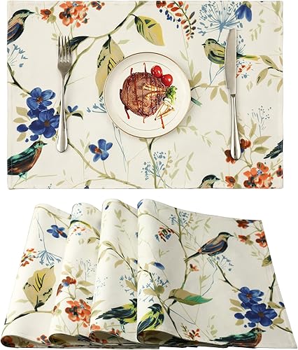 VOGOL Juego de 4 manteles individuales de tela azul y blanco, decorativos, resistentes a las manchas, lavables, para mesa de comedor, 13 x 19