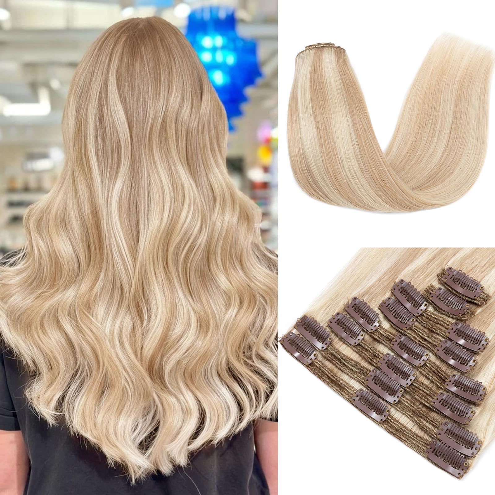 MY-LADY Double Weft Clip in Human Hair Extensions Thick 24 inch Remy Short Hair Extension Light Ash Blonde/Bleach Blonde Grade Clip ins 8pcs 18clips