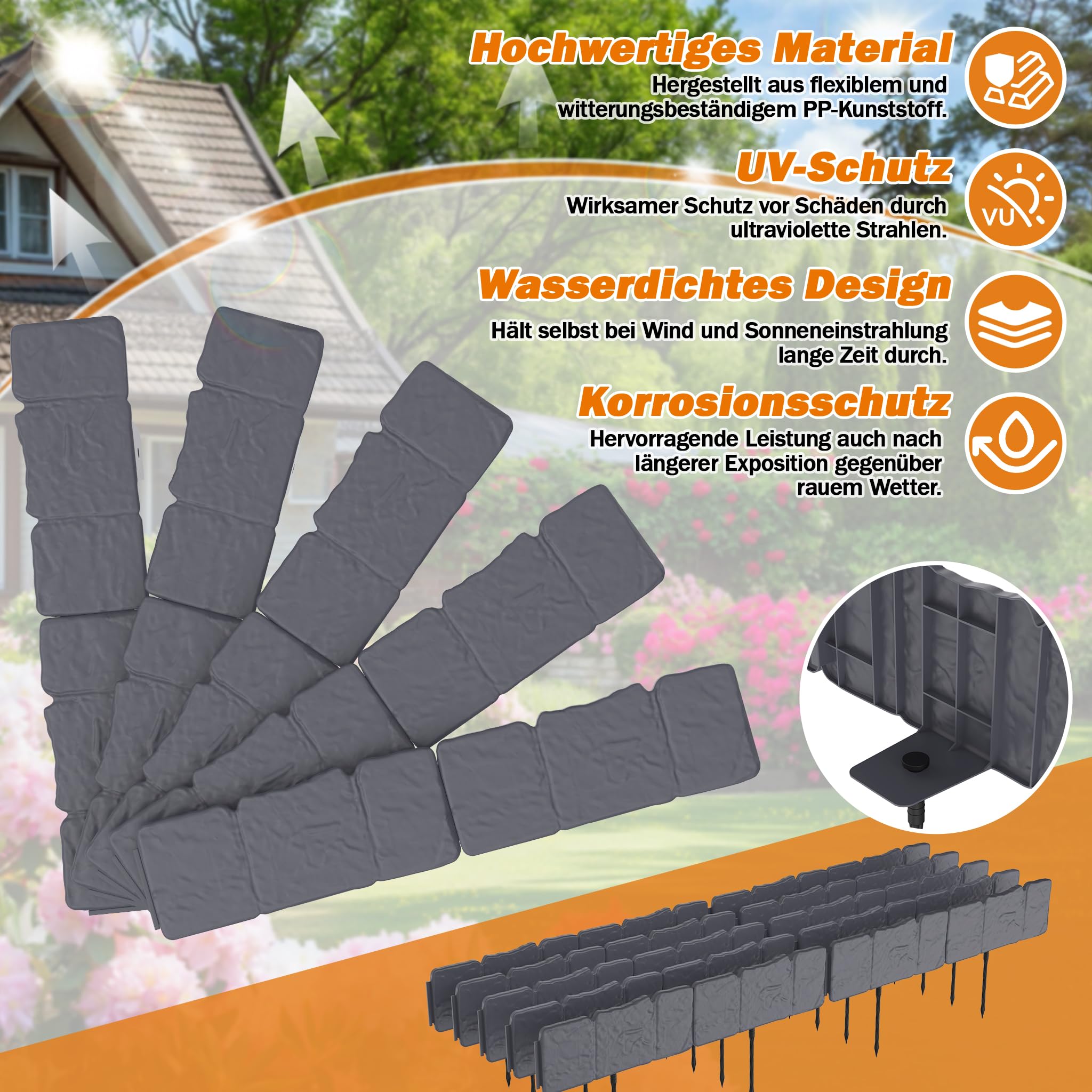 YRhome Bordo per prato, 15 m, in plastica effetto pietra, flessibile e stabile, bordo per aiuole, bordo per falciare, palizzata, facile da applicare, per giardino, recinzione decorativa, antracite