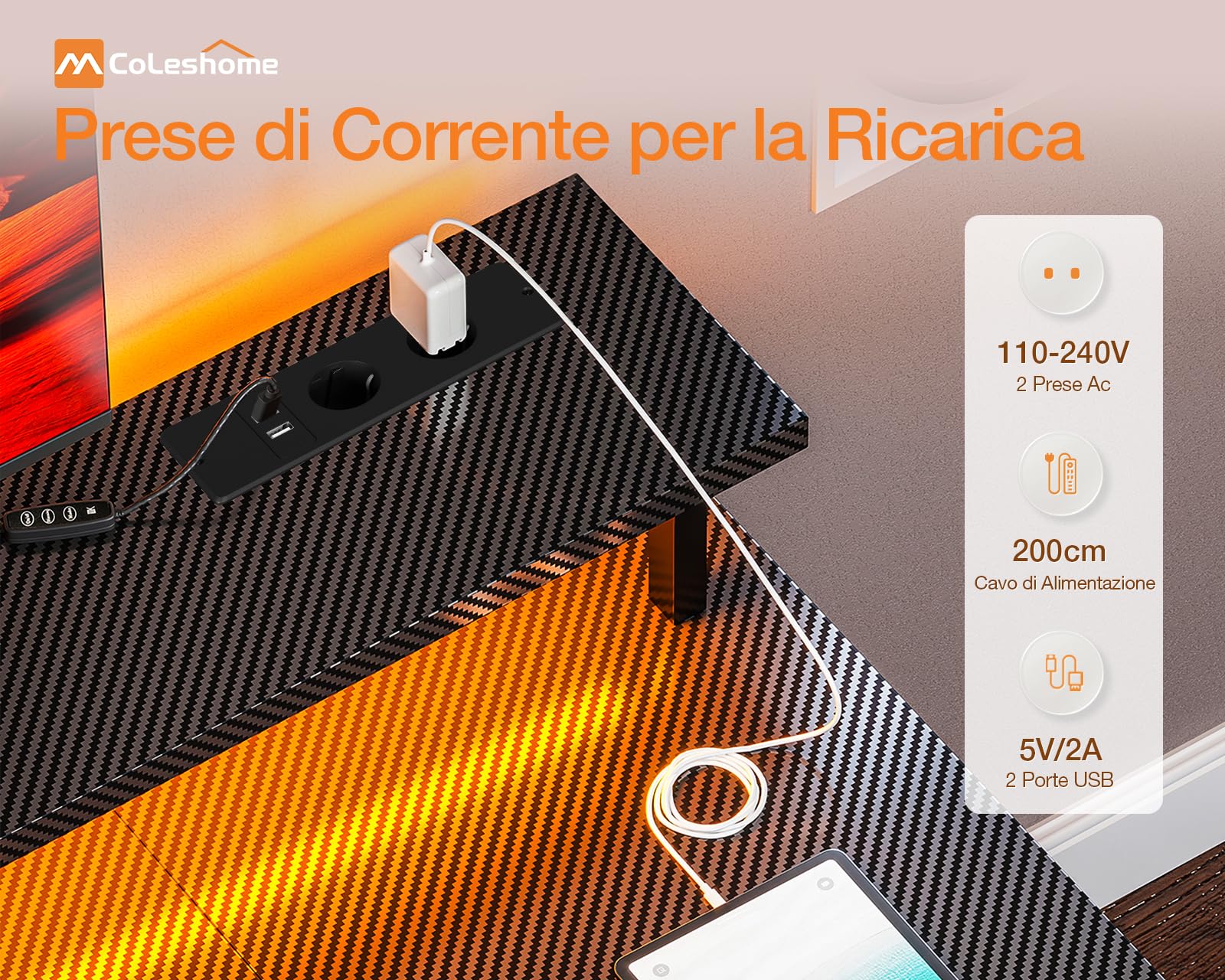 Coleshome Scrivania Gaming con LED, 120x50cm Scrivania Computer con 2 Prese e 2 Porte USB, PC Scrivania con Supporto Monitor e Ripiani di Archiviazione, Scrivania per Ufficio Casa, Nero
