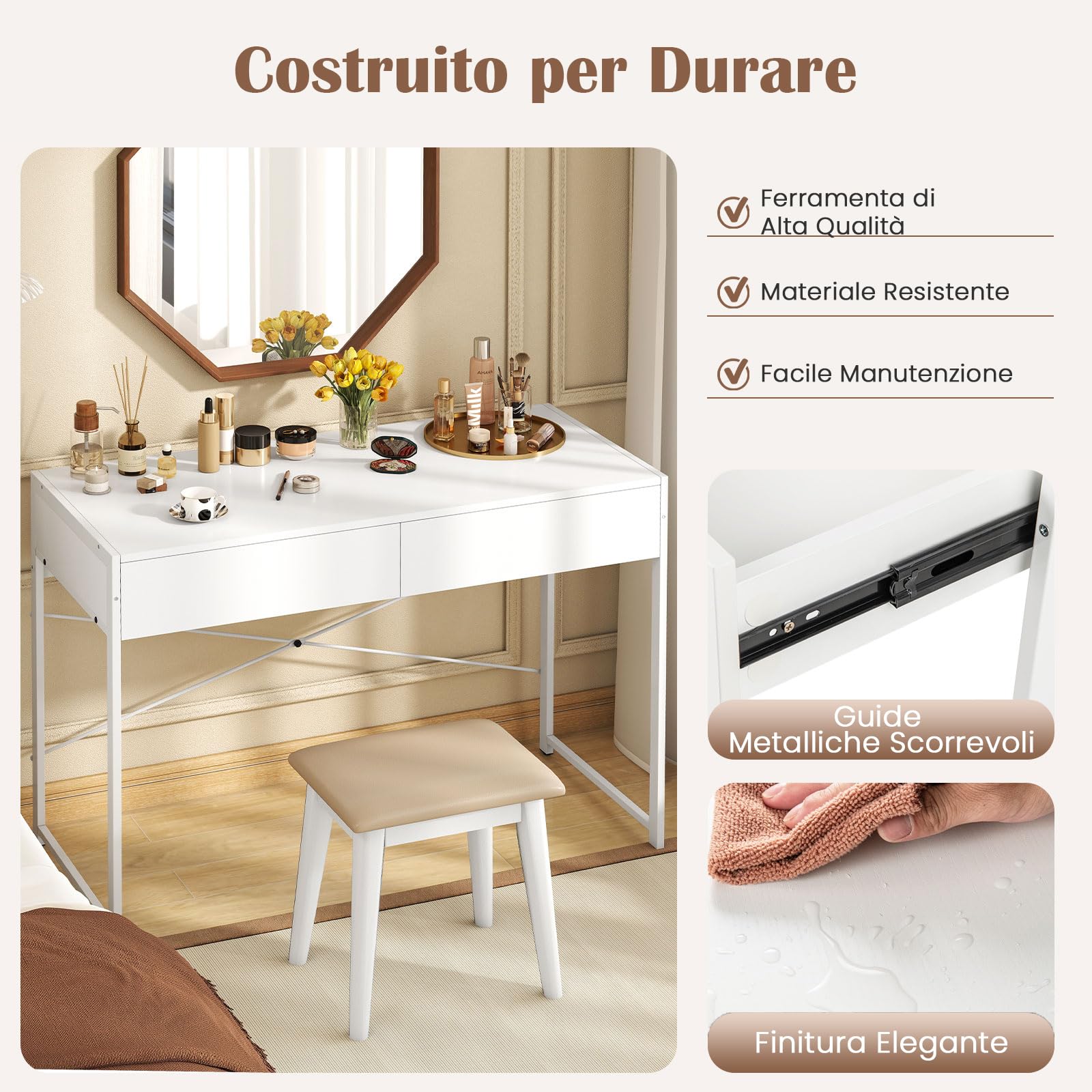 COSTWAY Scrivania per Computer con 2 Cassetti, Scrivania Porta PC con Telaio in Metallo e Legno, Posizione da Lavoro per Studio e Ufficio, Portata 100 kg, 112 x 48 x 76 cm (Bianco)