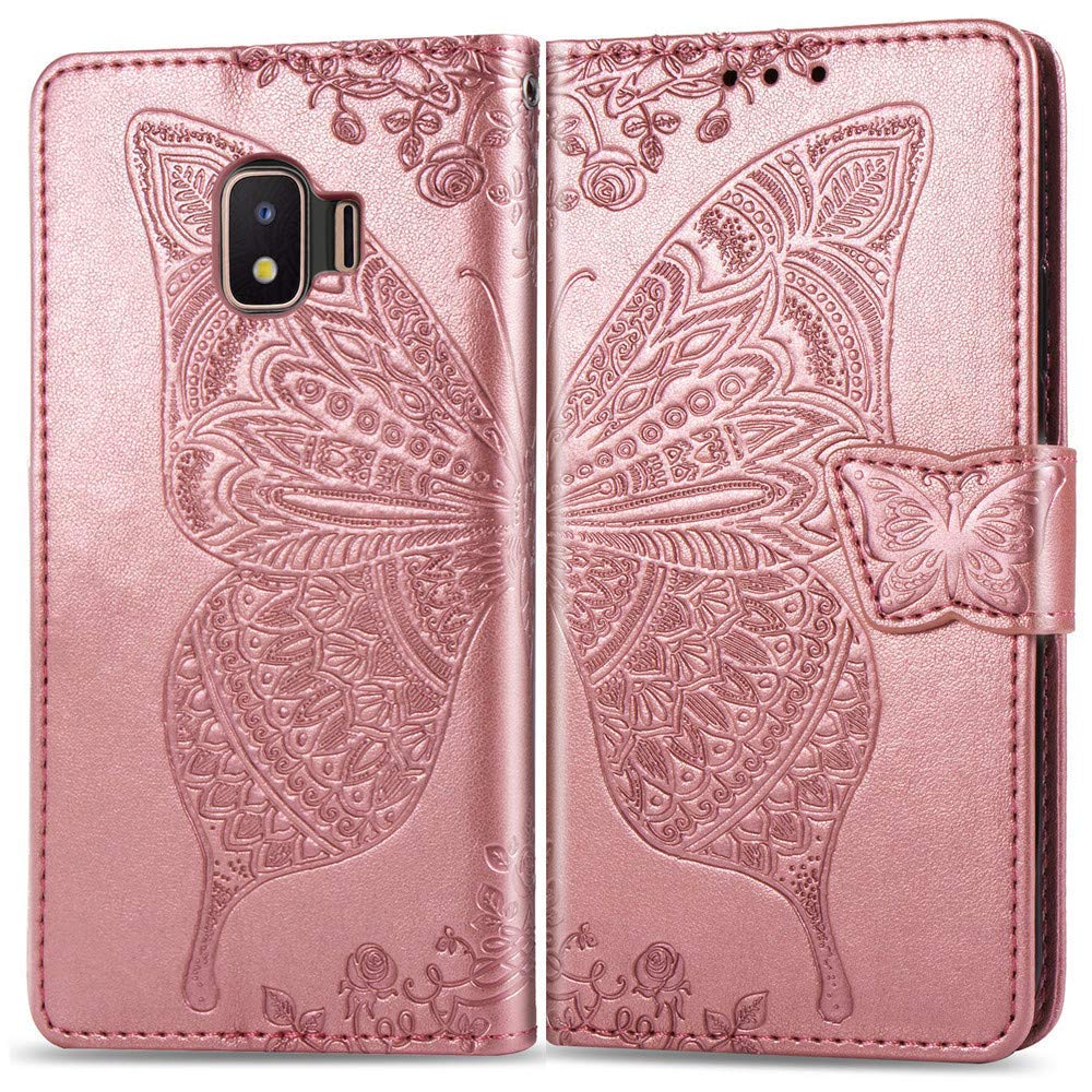 XYX Wallet Case for Galaxy J2 Core,[3D Butterfly Flower] PU Leather Folio Case with Kickstand Magnetic Closure Protective Cover for Samsung Galaxy J2 Core/J2 Dash/J2 Pure/J2 2019 (Rose Gold)
