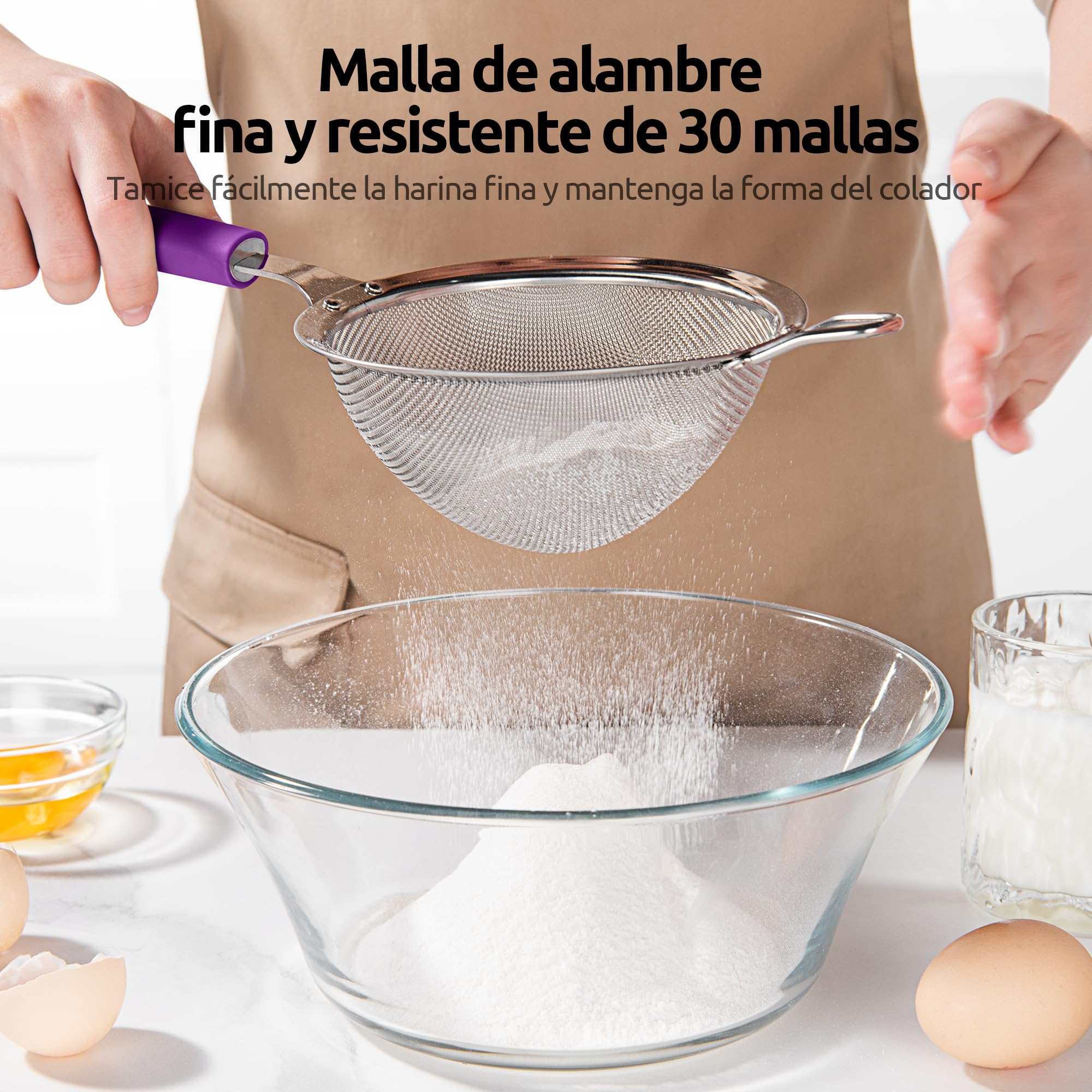 U-Taste Tamiz de malla fina mediana, colador cocina, acero 18/8, Morado | 12cm con mango de silicona resistente remachado, ideal para tamizar harina, colar té arroz quinua