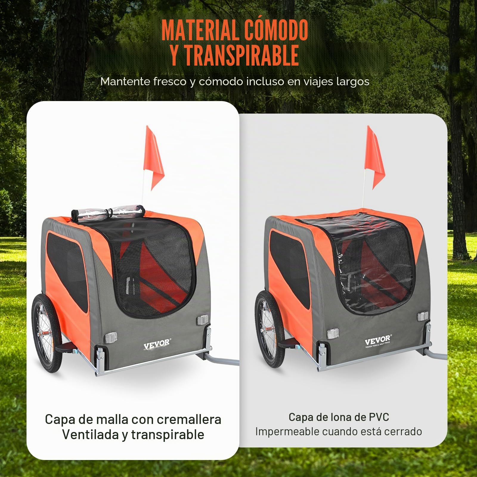 VEVOR Remolque Plegable para Bicicleta para Perros Carga de 30 kg Portabicicletas para Mascotas Marco Fácil de Plegar con Ruedas de Liberación Rápida, Acoplador Universal para Bicicleta, Reflectores