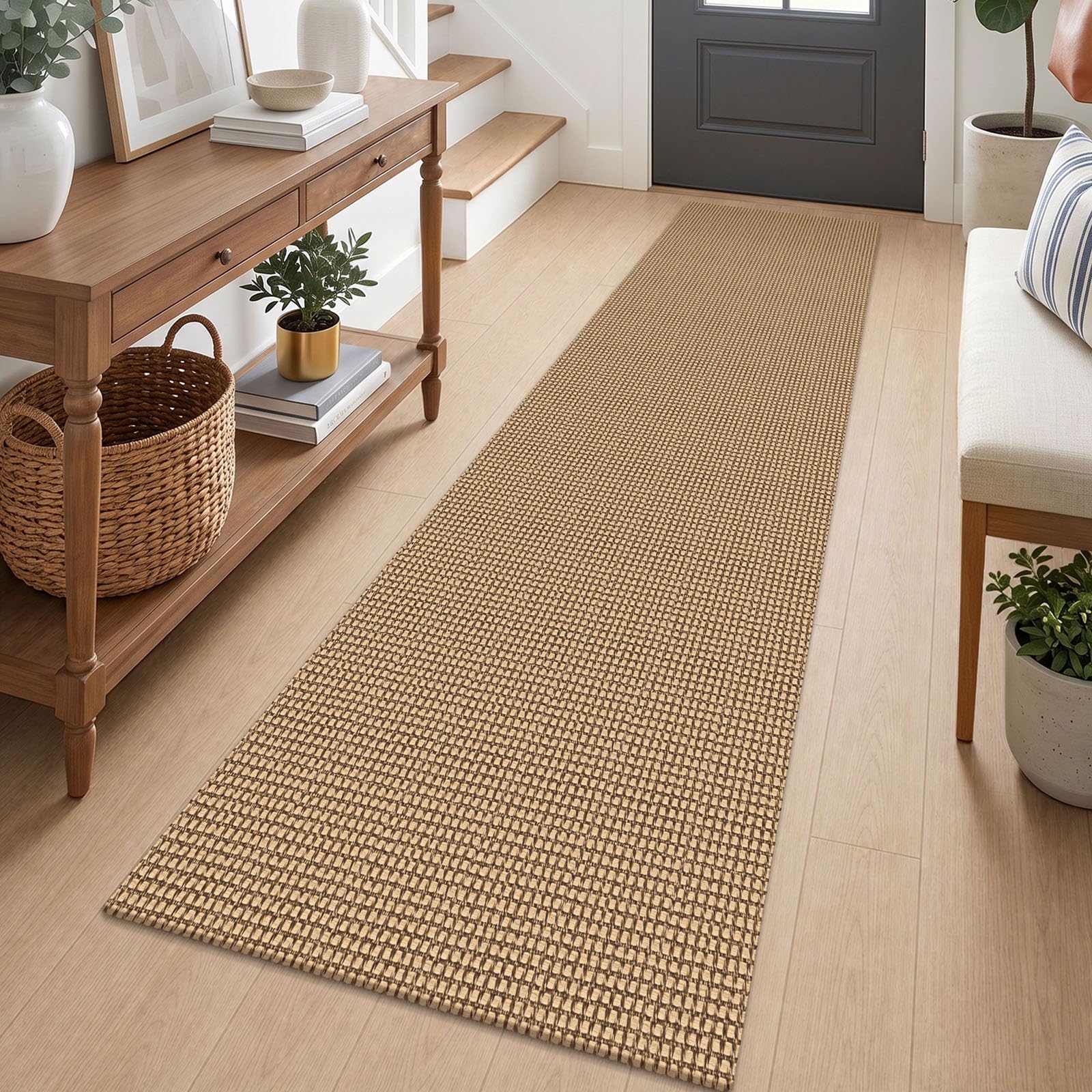 IOHOUZE Washable Runner Rug 2x7 Non Slip Rubber Backed Runners for Hallways Entryway Runner Indoor, Kitchen Rugs Woven Cotton Floor Carpet for Hall Entrance Bedroom, Orange/Tan/Brown