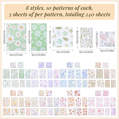 Miniatura 2 de Paquete de 240 hojas de papel de recortes florales de textura básica, suministros de diario decorativo estético, 8 estilos de materiales de papel