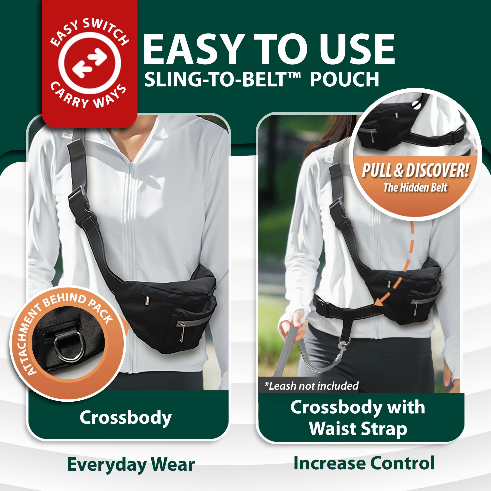 Sporn Sling-to-Belt – Pochette de dressage pour chien, sac à friandises respirant à double couture, sac banane pour la marche, la randonnée et la course à pied, supporte plus de 200 kg, noir