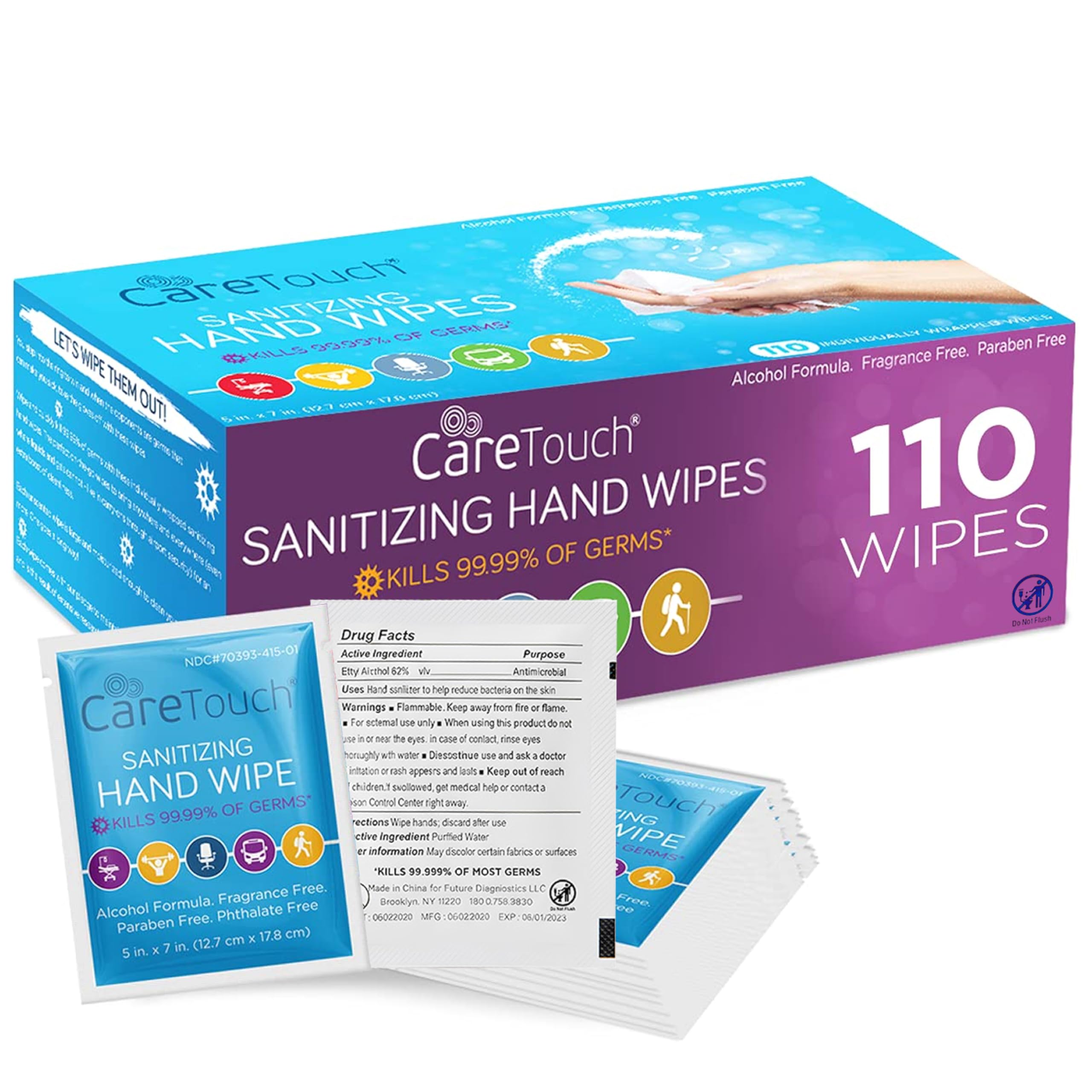 Hand Sanitizer Wipes - 110 Hand Wipes Individually Wrapped - Travel Size - Sanitizing Wet Wipes for Home, Office & Outdoor Use