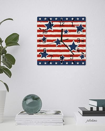 Miniatura 3 de 4th of July Wooden Wall Clock Silent Non Ticking, Red Striped Blue Star Lace Independence Day Square Wall Clock Battery Operated, Decor Clock for