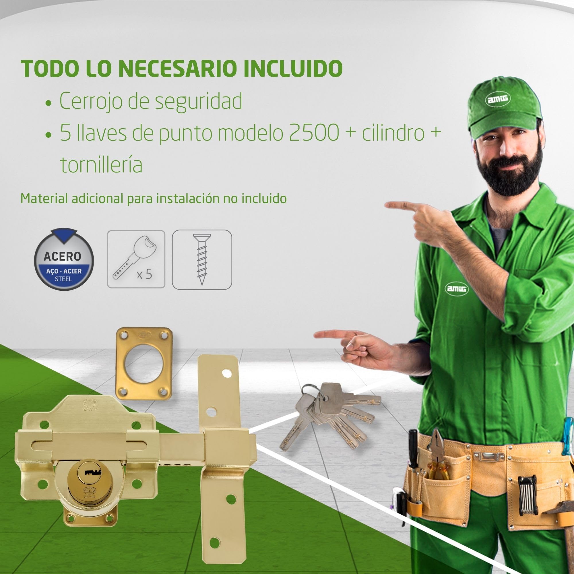 Amig - Cerrojo de Sobreponer con Cilindro Redondo Interior y Exterior Mod. 4-105 x 170 mm - Cerradura de Seguridad con Llave - Incluye 5 Llaves de Punto - Acero Dorado