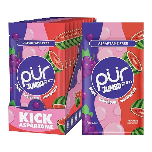 PUR Goma de mascar Jumbo Goma de mascar sin aspartamo 100% xilitol Chicle natural, uva, sabor a sandía, 20 piezas (paquete de 10)