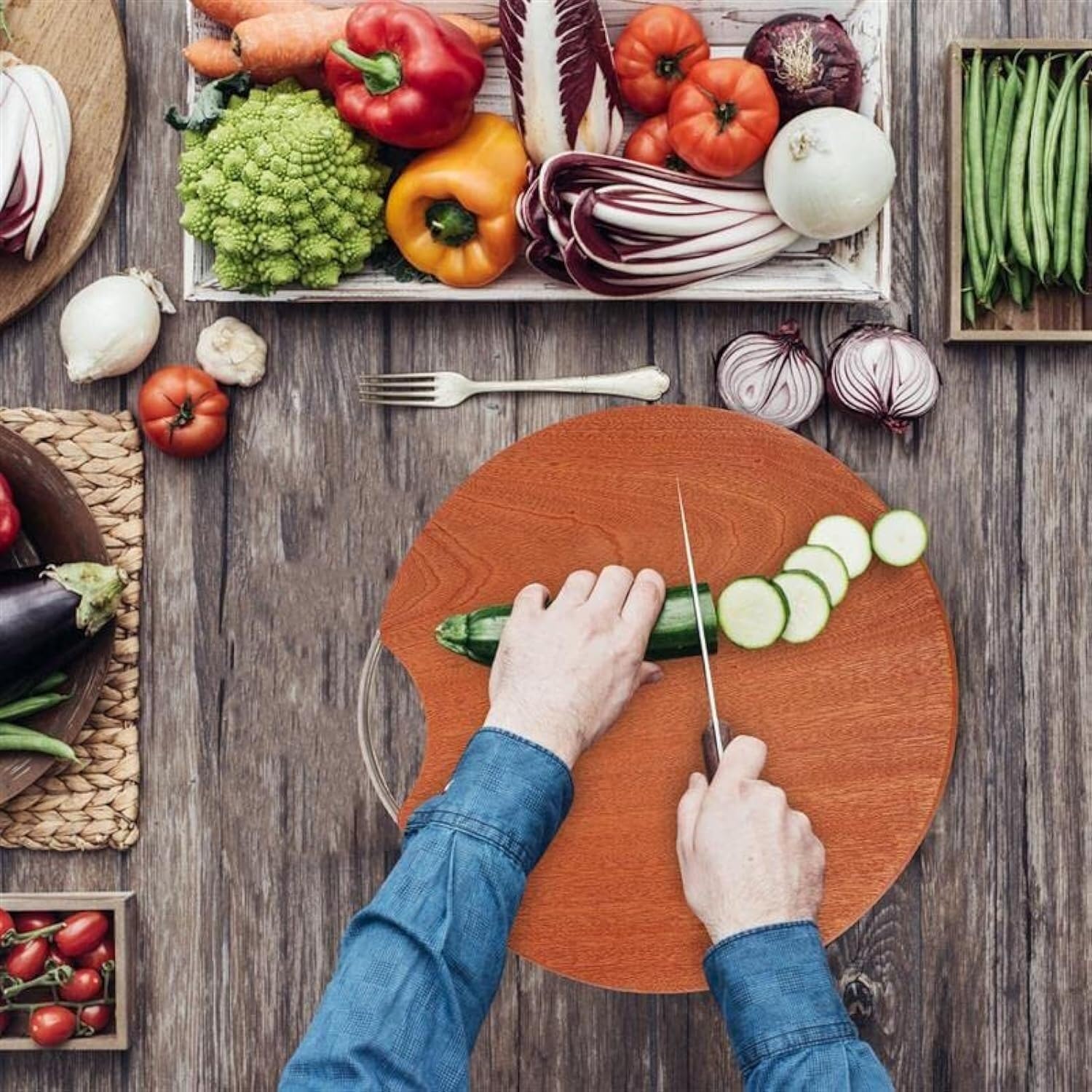 Round Wooden Cutting Board with Metal Handle, 14 Inch Double-Sided Chopping Board for Meat, Fruit, Bread, Steak, Vegetables