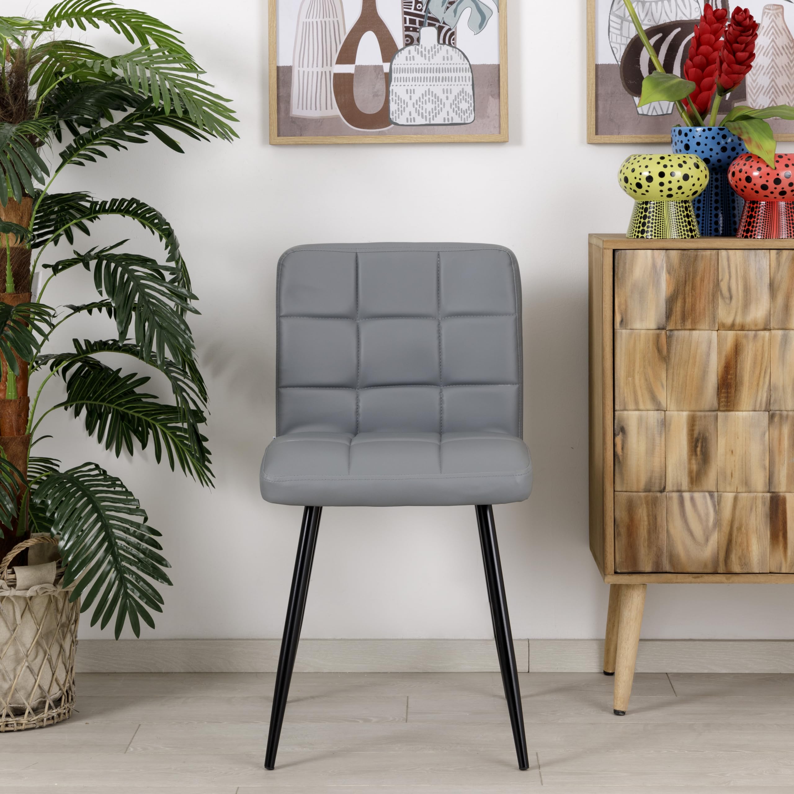 Baroni Home Sedia Moderna con Rivestimento in Ecopelle e Gambe in Acciaio Nero, Poltrona da Soggiorno, Camera da Letto, Sala da Pranzo, Grigio, 44x80x39 cm